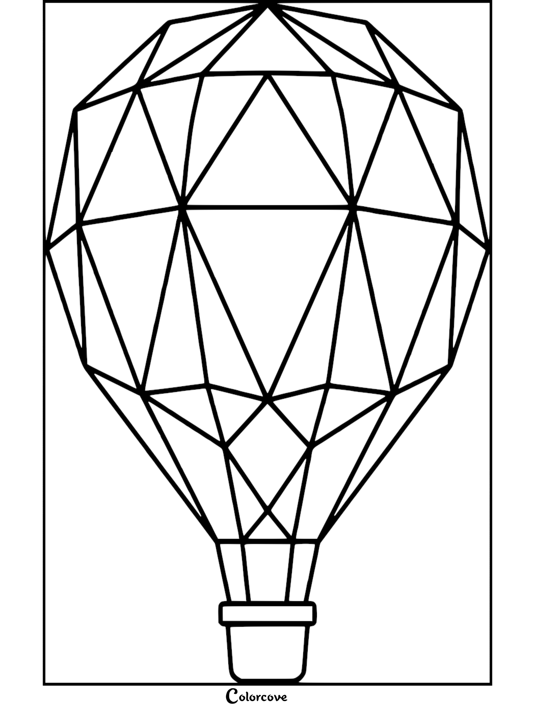 A geometric hot air balloon coloring page featuring a triangular faceted pattern and a simple basket.