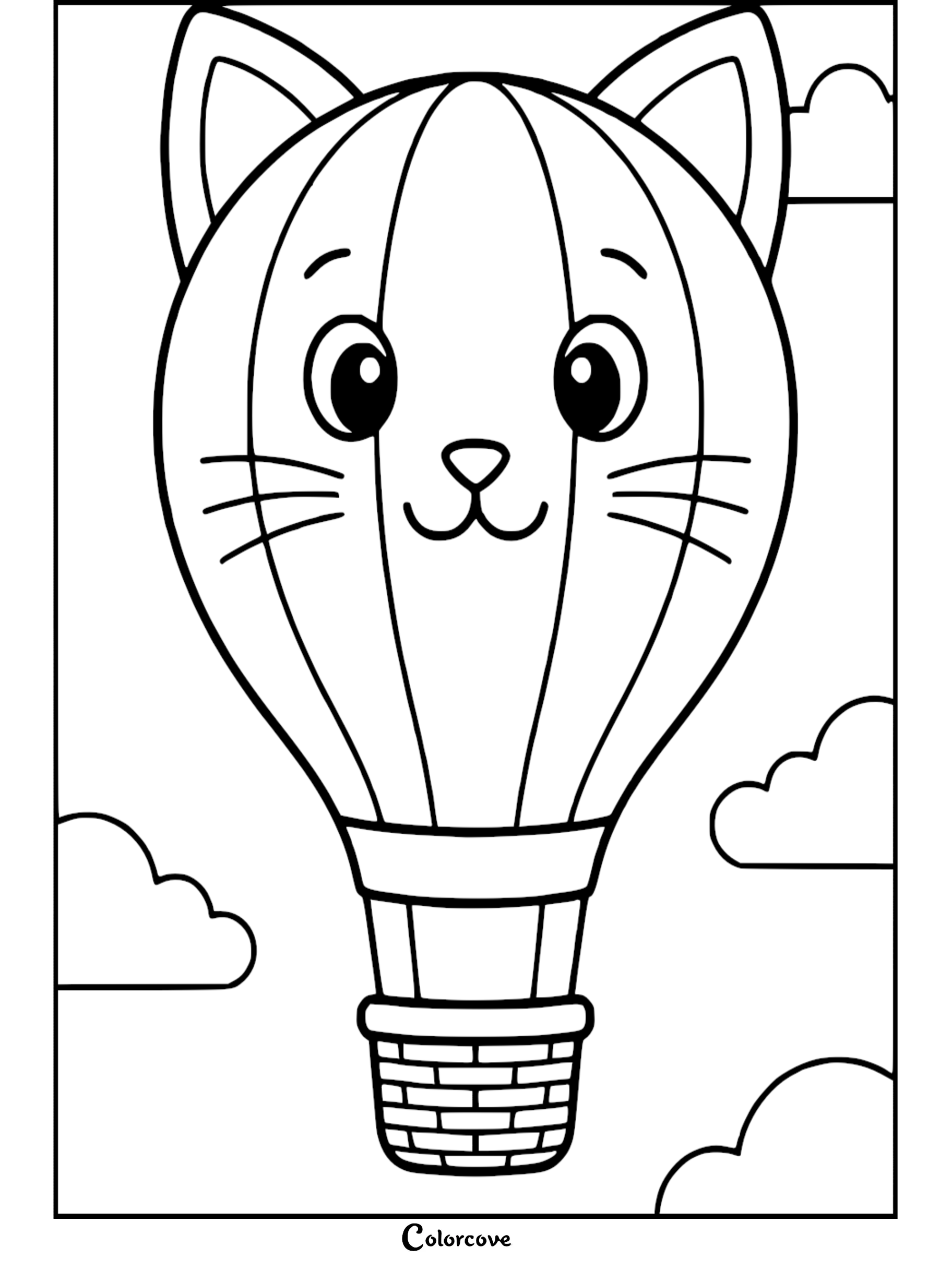 A cute cat-shaped hot air balloon floating in the sky with clouds, printable coloring page for kids.