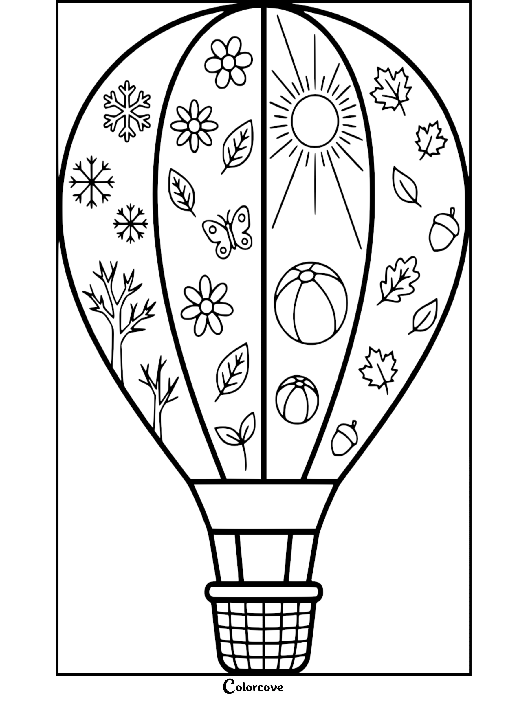 A hot air balloon coloring page featuring panels decorated with snowflakes, flowers, a sun, beach balls, and autumn leaves.