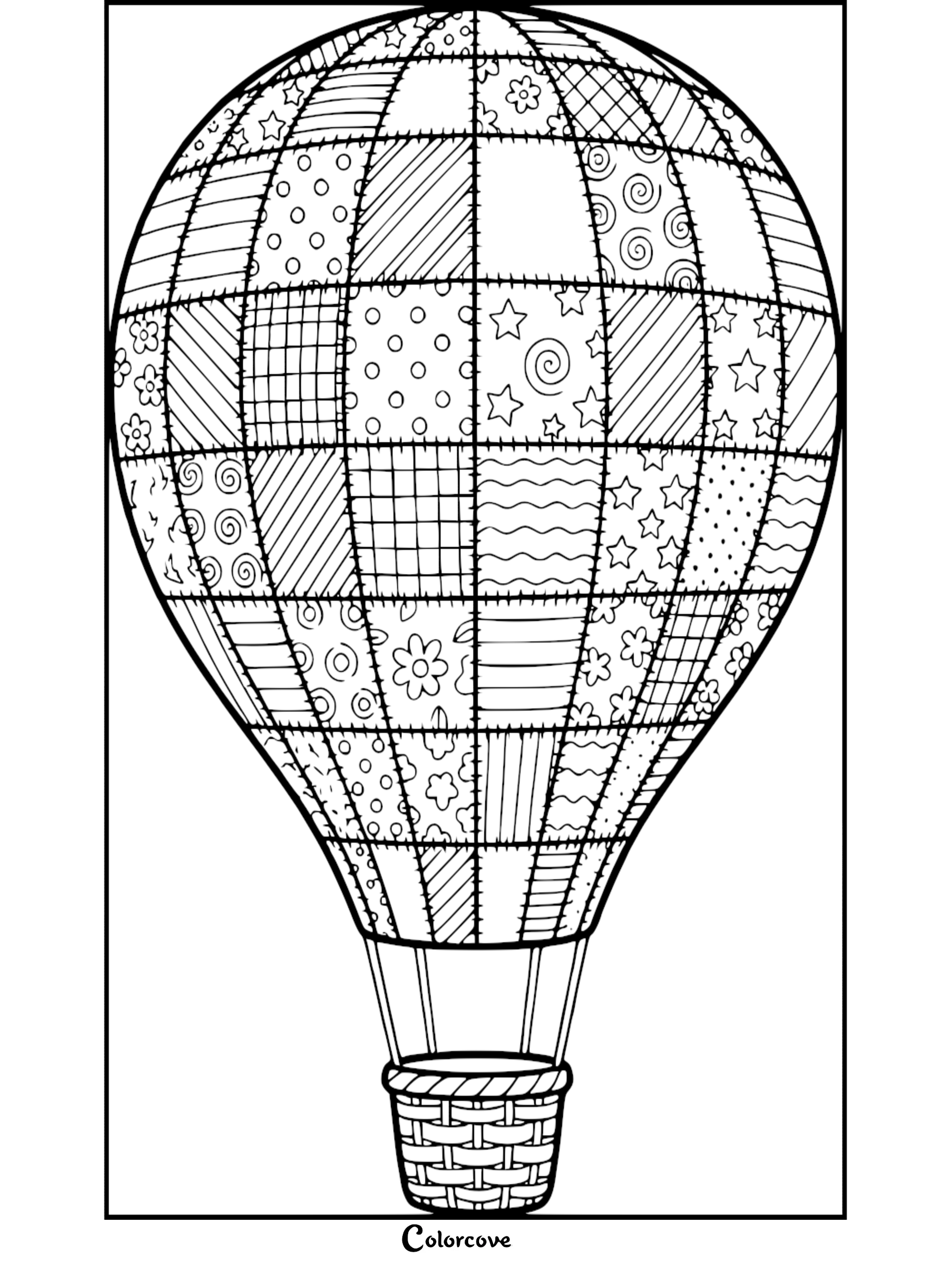 A detailed patchwork hot air balloon coloring page featuring squares with stars, flowers, swirls, and stripes.