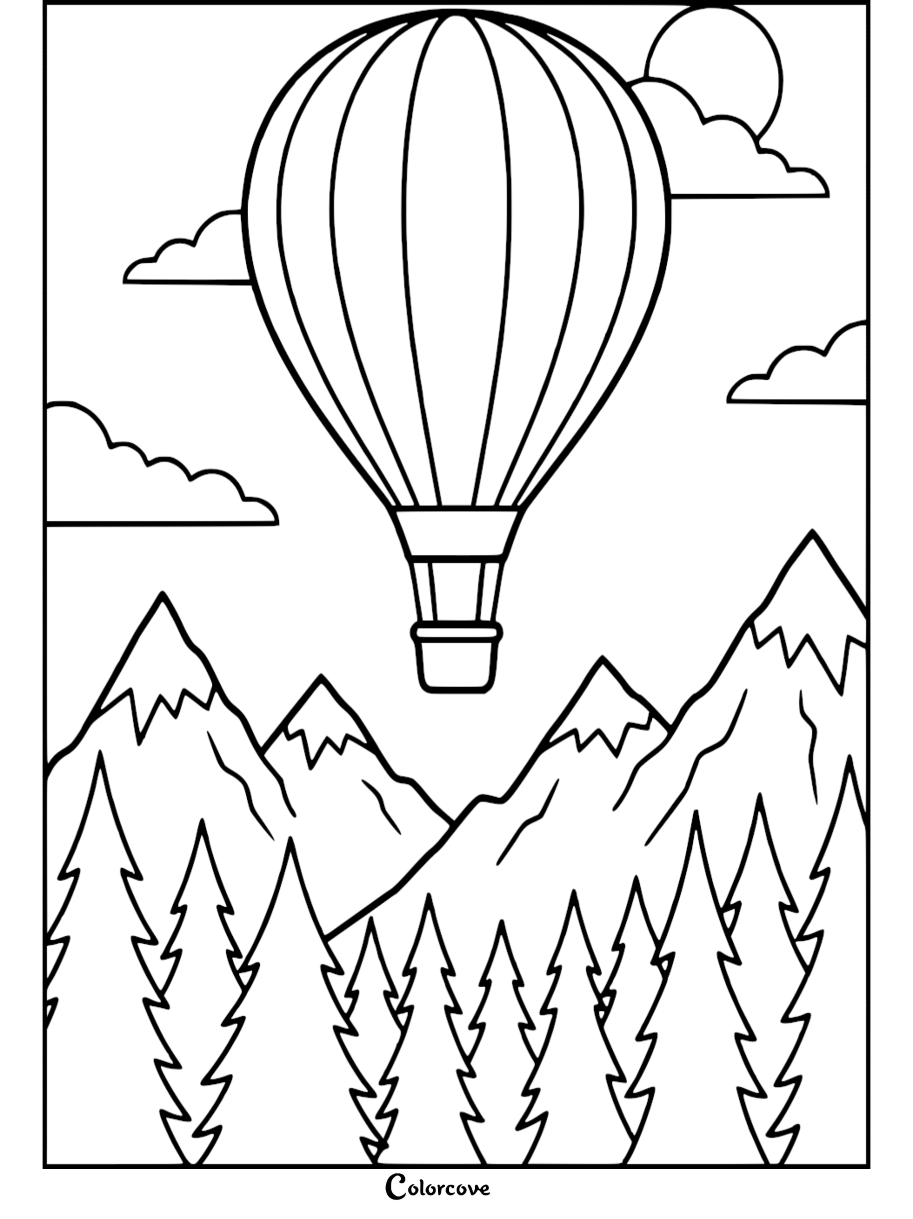 A simple line art coloring page featuring a hot air balloon floating above a pine forest and snow-capped mountain range with clouds in the sky.