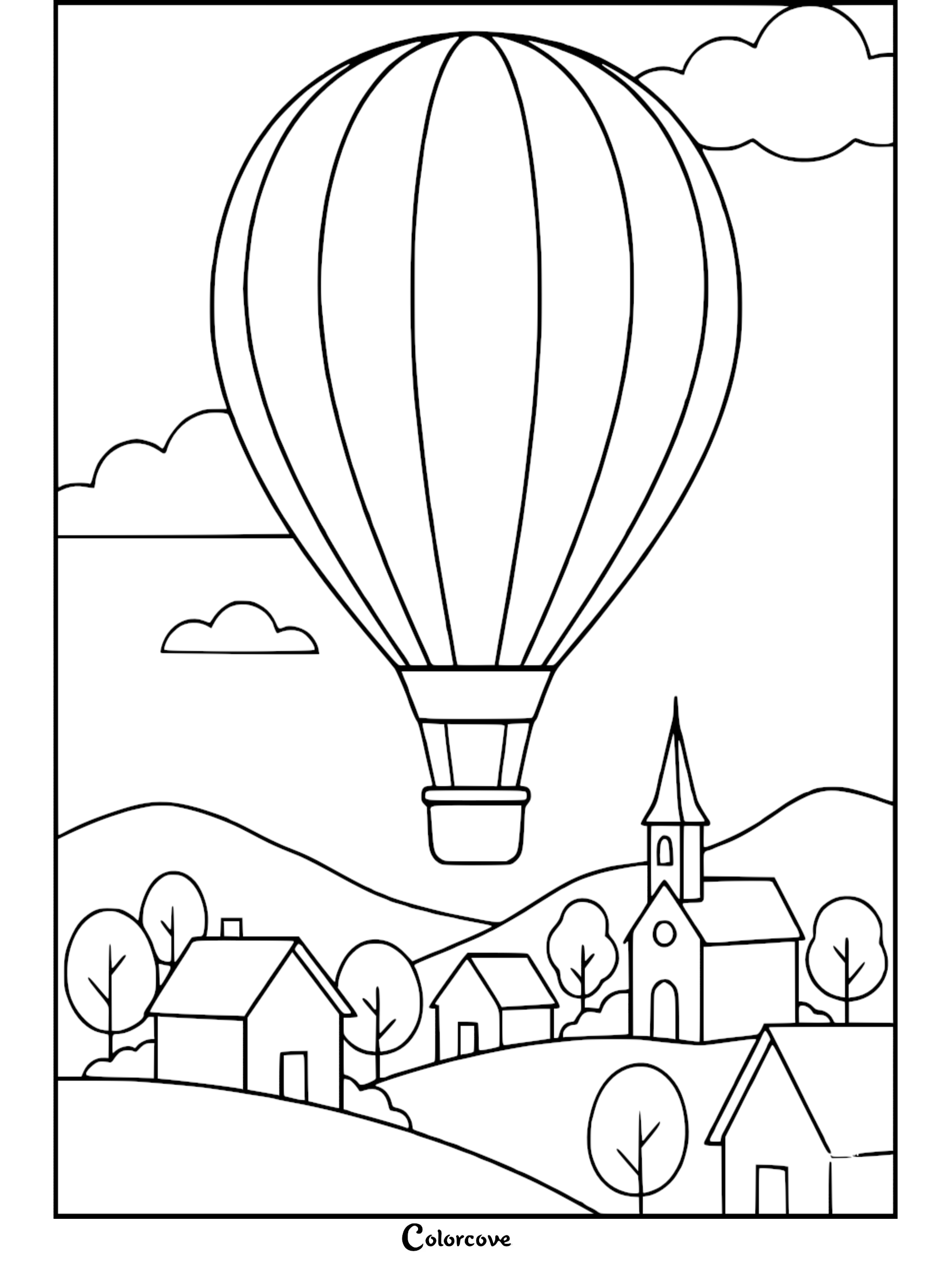 A simple line art coloring page featuring a large hot air balloon floating above a quaint village with houses, a church, and rolling hills.