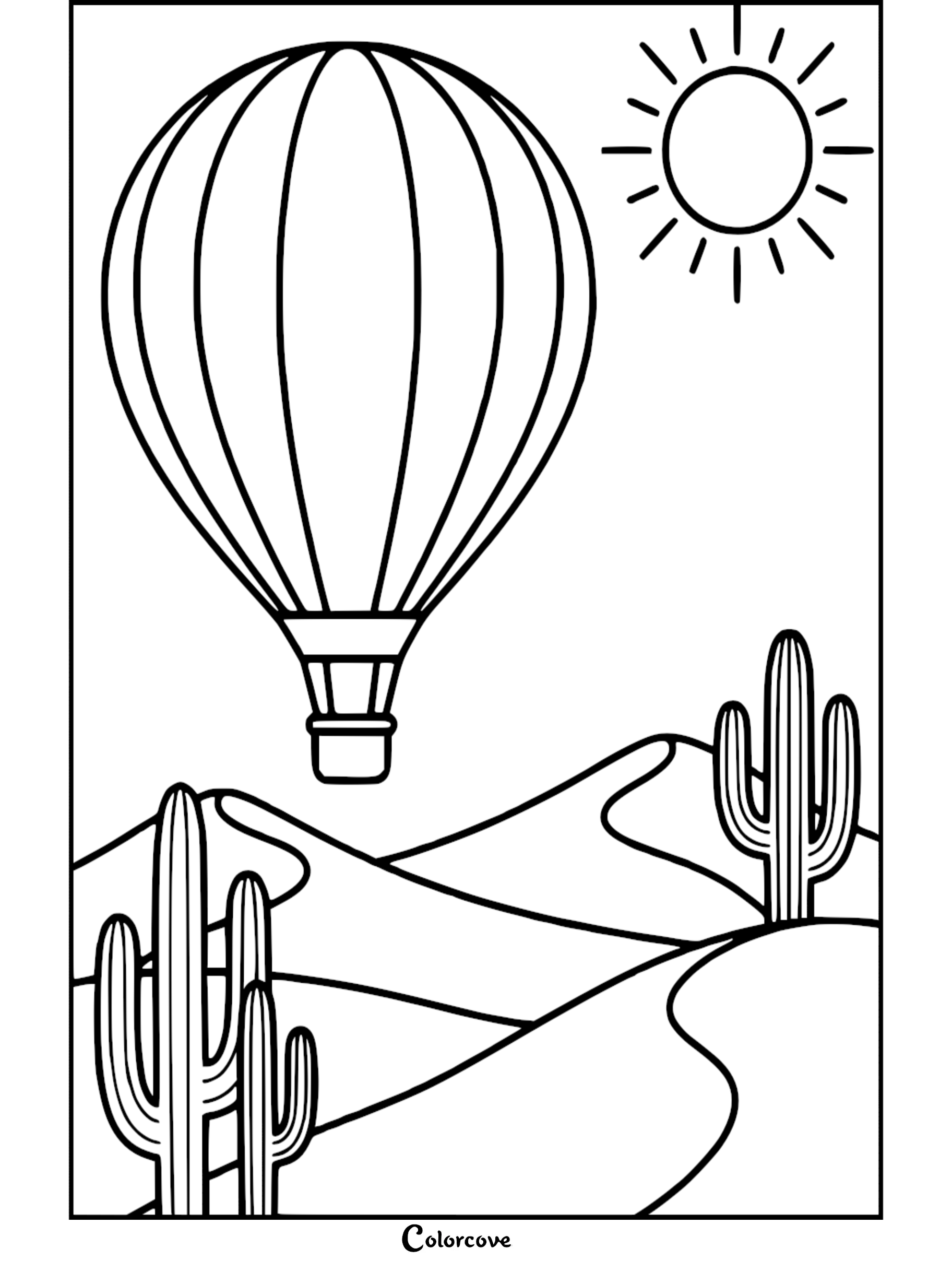 A simple coloring page featuring a hot air balloon floating above a desert landscape with saguaro cacti and a bright sun.