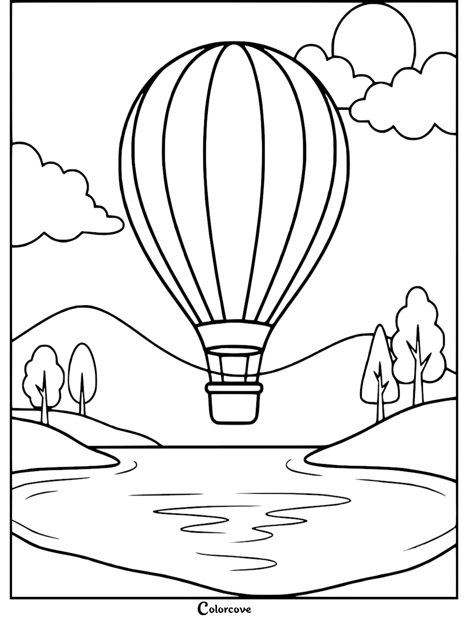 A simple coloring page featuring a hot air balloon floating above a calm lake with rolling hills and trees in the background.
