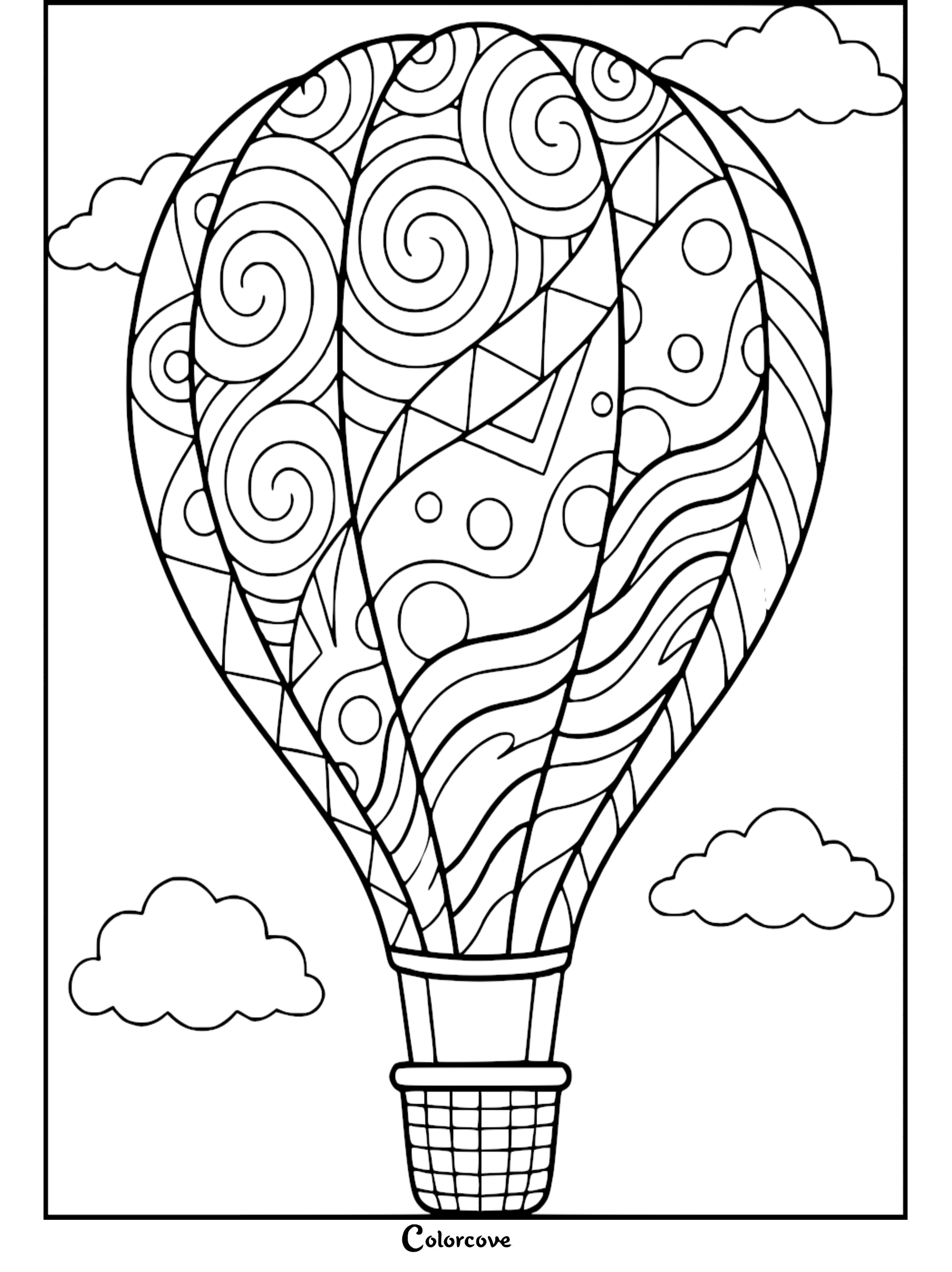 A detailed hot air balloon coloring page featuring geometric patterns, swirls, and polka dots floating among fluffy clouds.