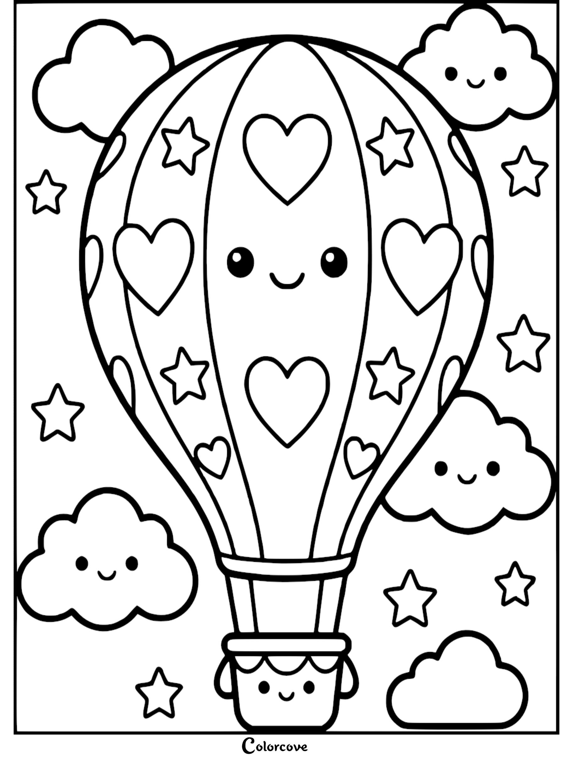 Kawaii hot air balloon coloring page featuring heart and star patterns with smiling clouds in the sky.
