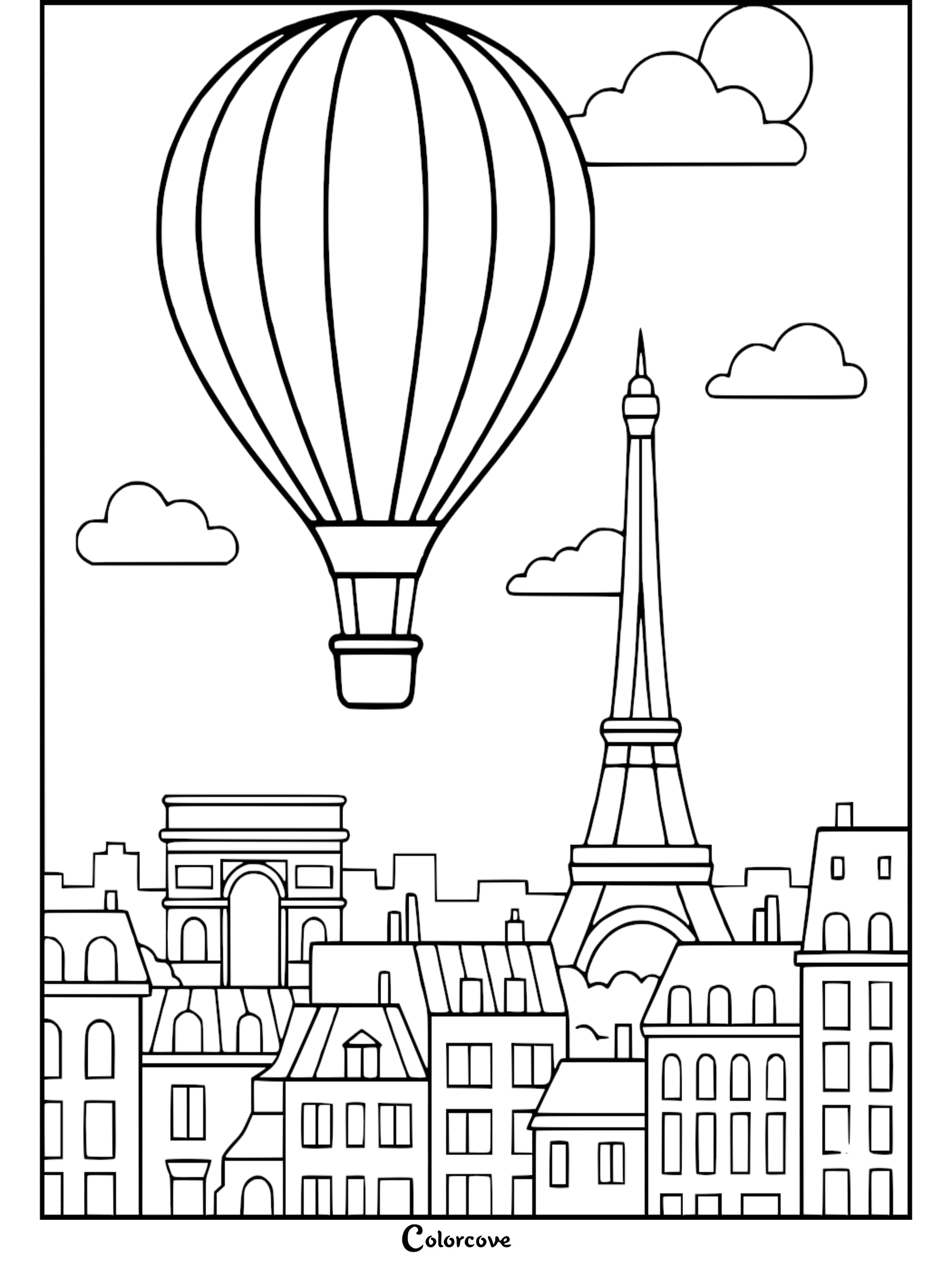 A hot air balloon floating above the Eiffel Tower and Arc de Triomphe in a Parisian cityscape coloring page.