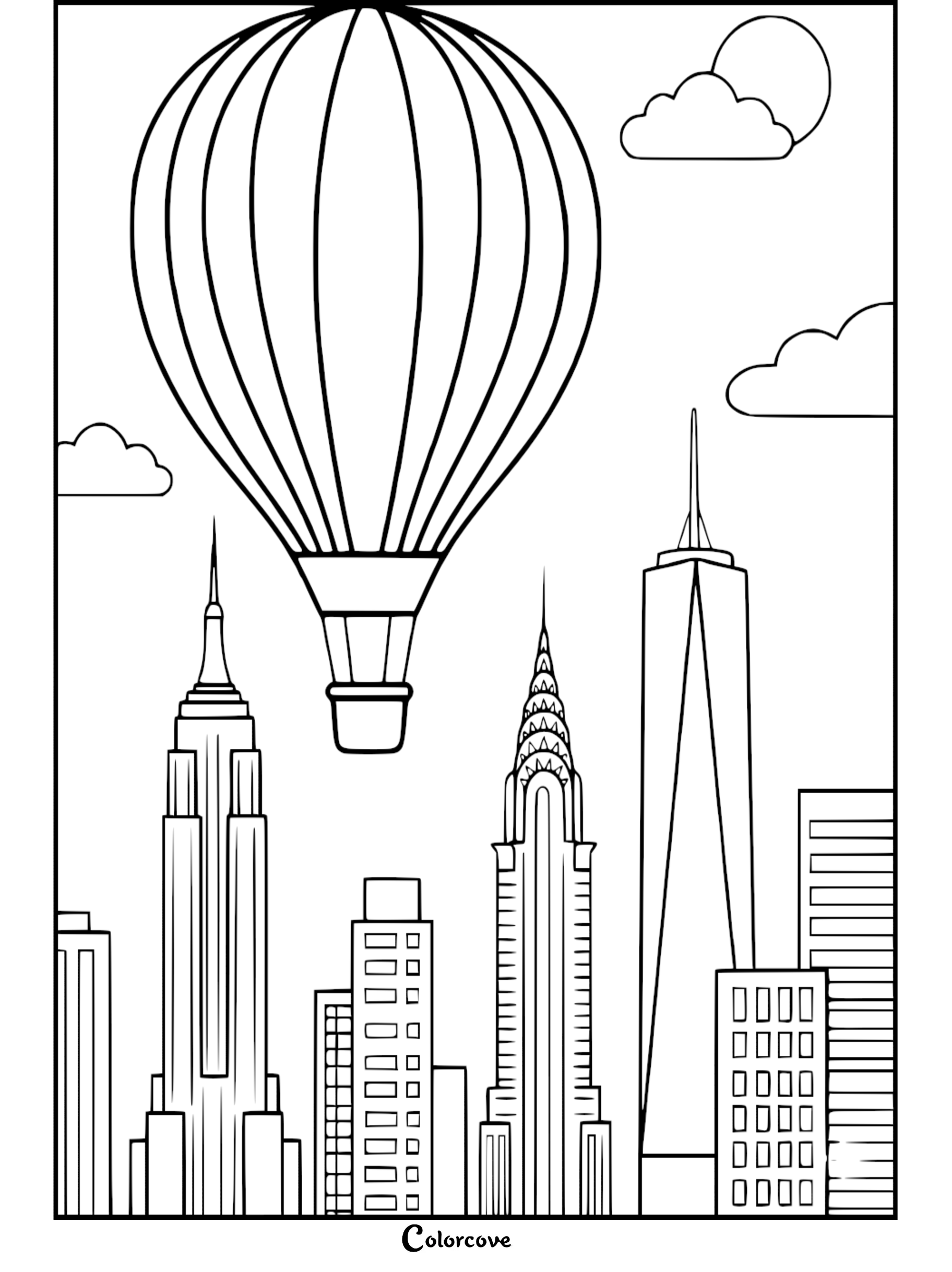 A hot air balloon flying above the New York City skyline featuring the Empire State Building and Chrysler Building in this printable coloring page.