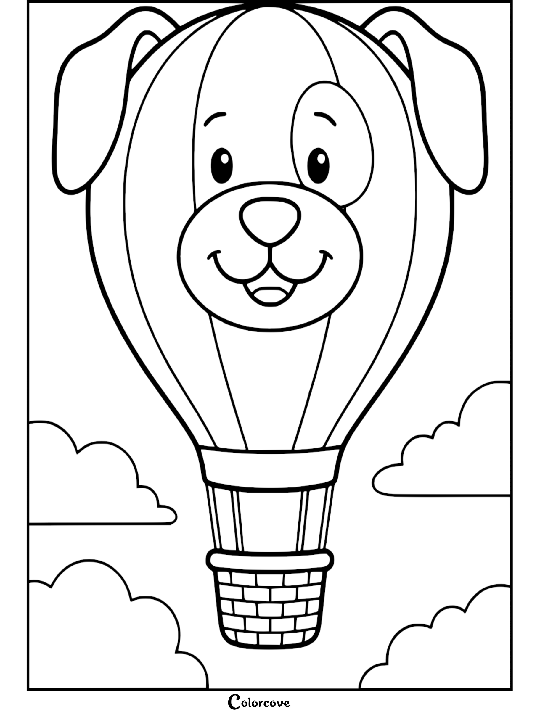 A cute puppy-shaped hot air balloon floating in the sky, coloring page with a basket and clouds.