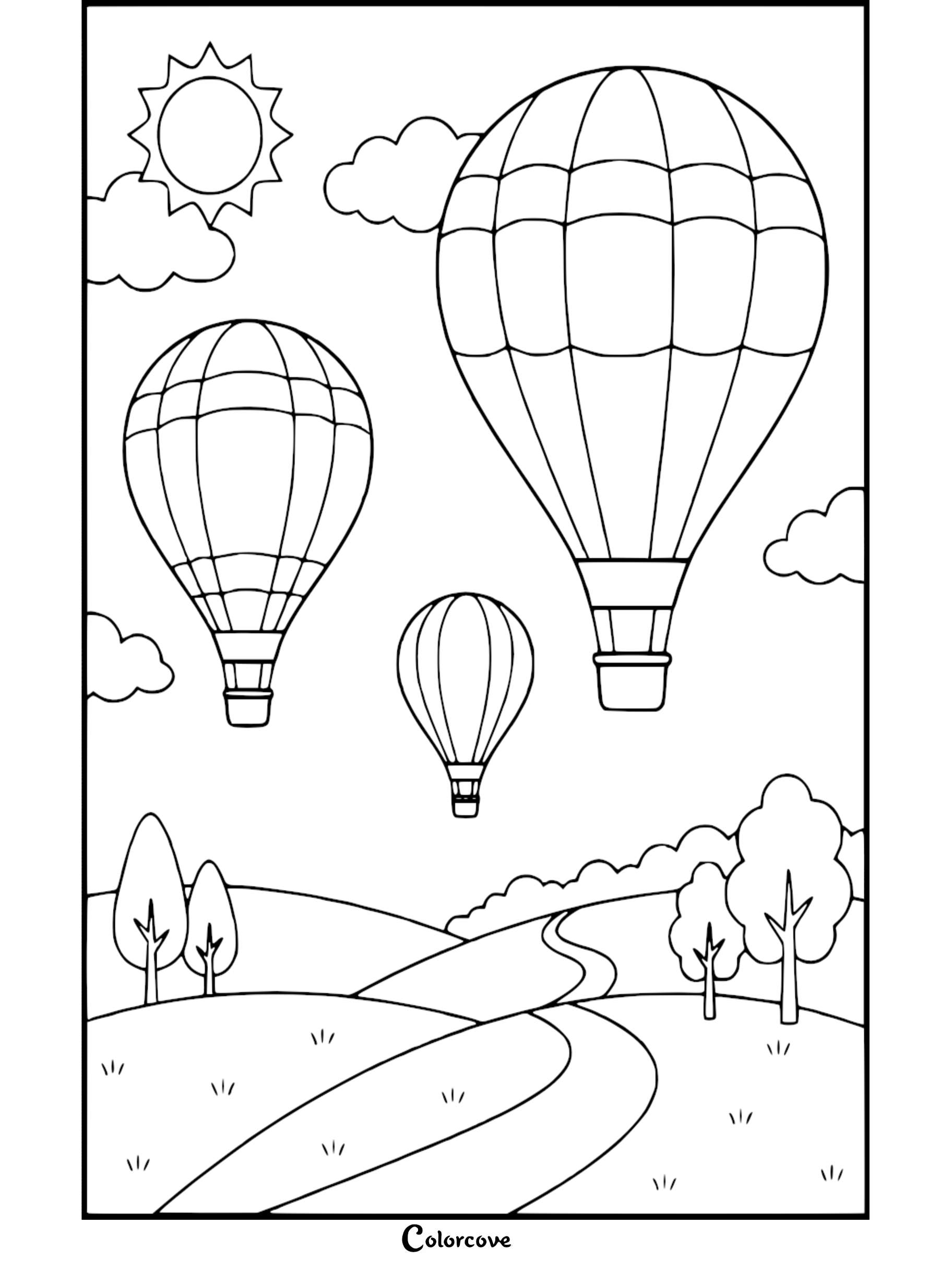 Three hot air balloons of varying sizes floating in a sunny sky above a winding road and trees in this printable coloring page.