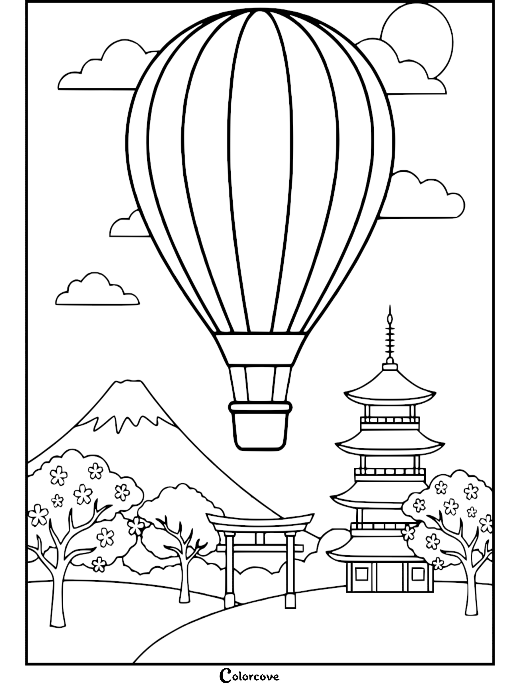 A hot air balloon flying over a Japanese landscape with Mount Fuji, a pagoda, and cherry blossom trees in this printable coloring page.