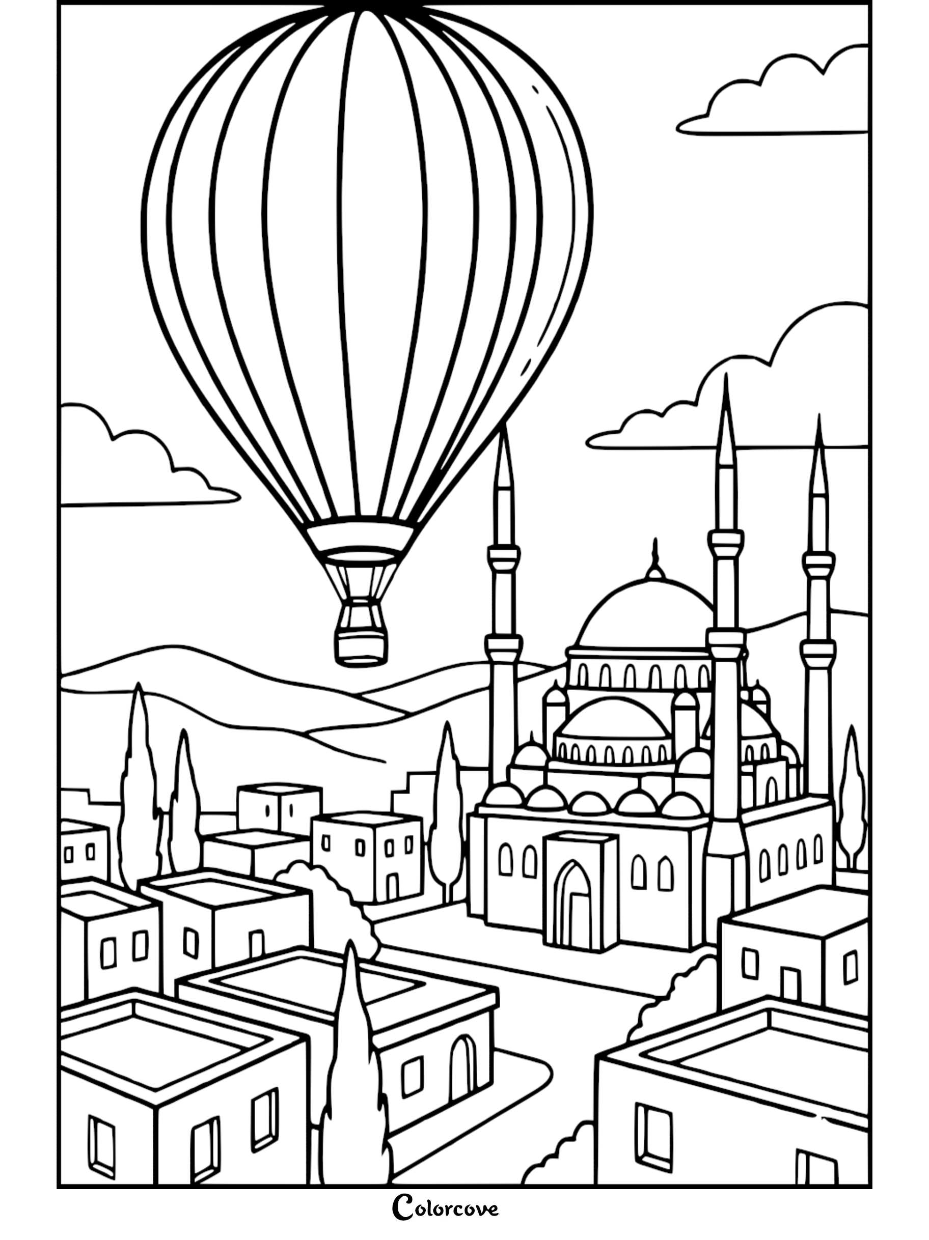 A hot air balloon floating above a city with a large mosque and minarets in this detailed coloring page.