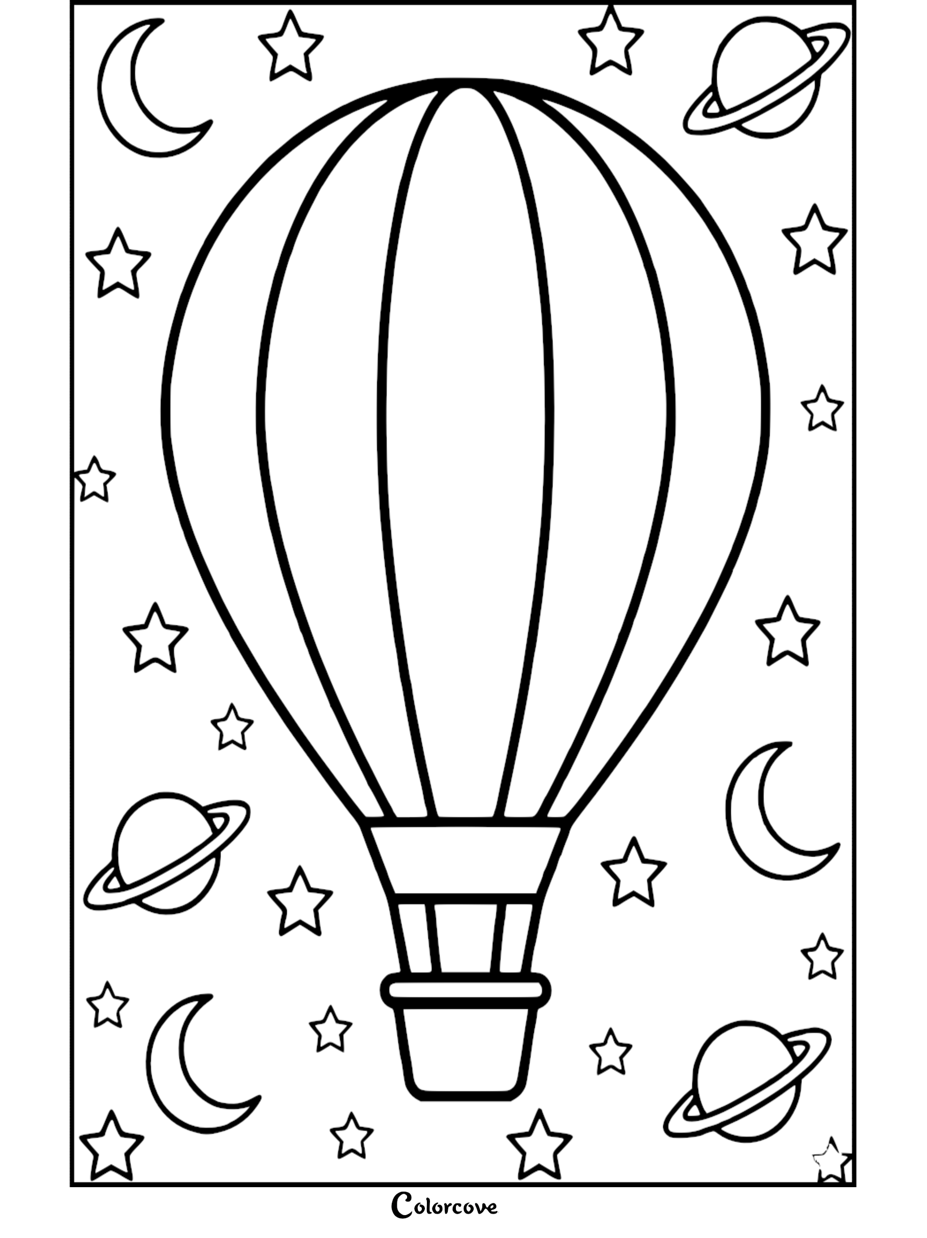 A simple line art coloring page featuring a large hot air balloon surrounded by crescent moons, stars, and ringed planets in space.
