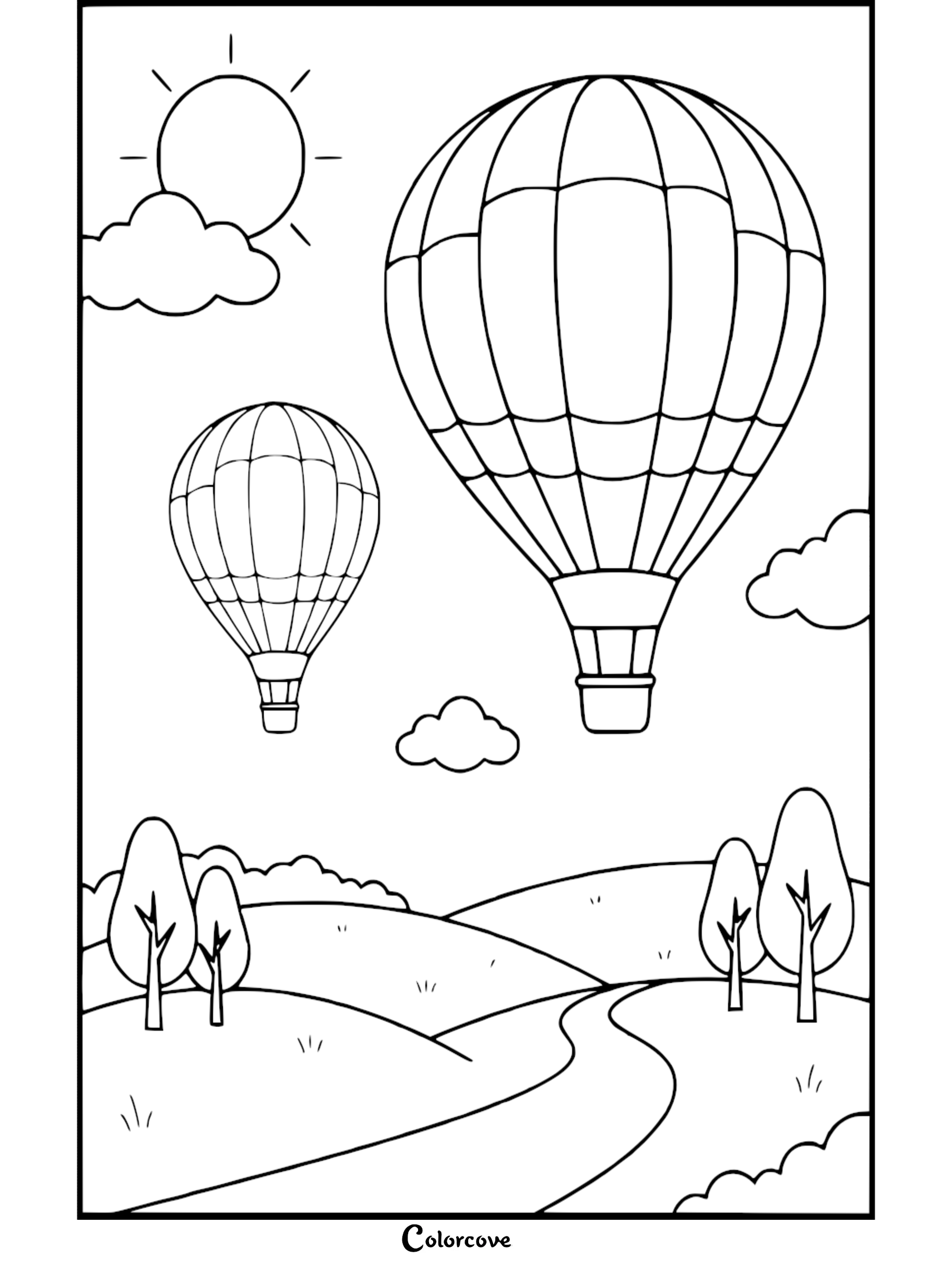 Two hot air balloons floating in the sky above a winding path and trees, printable coloring page.
