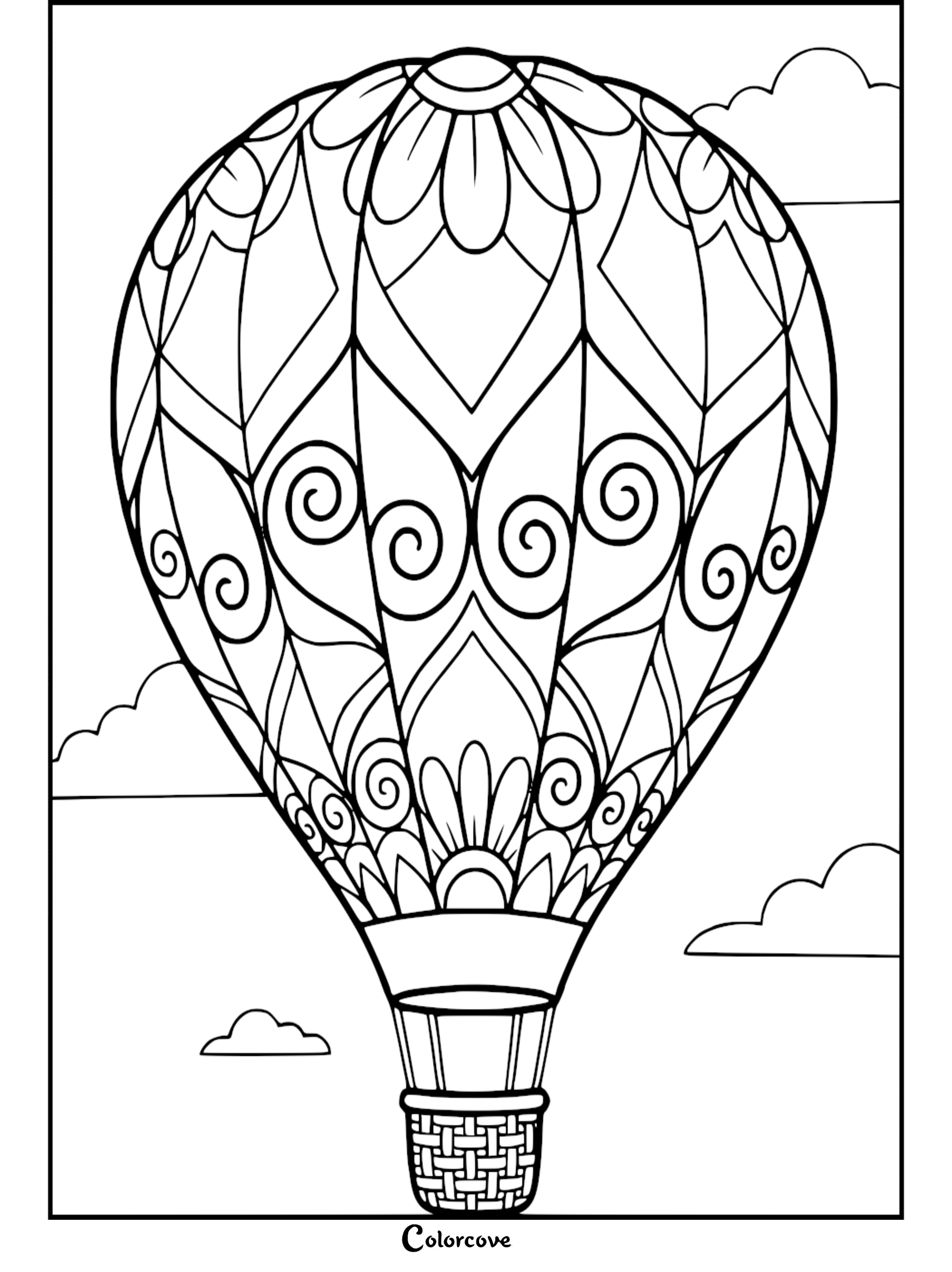 A detailed hot air balloon coloring page featuring mandala-style floral patterns and swirls floating among simple clouds.