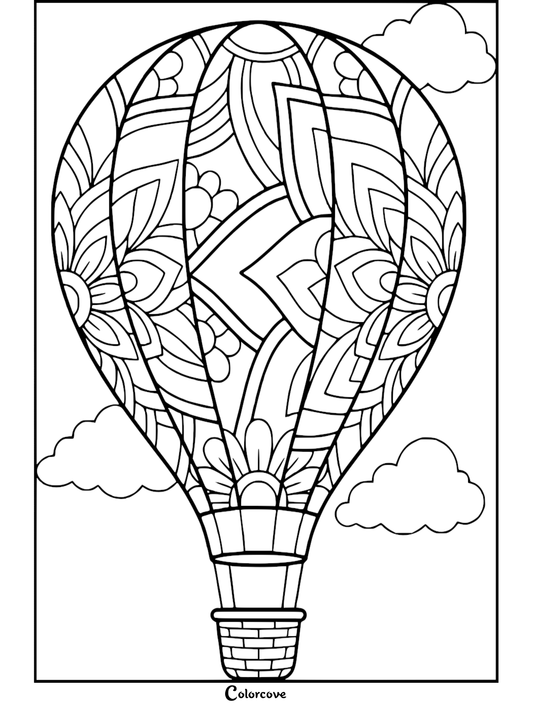 A detailed mandala-style hot air balloon coloring page featuring intricate floral patterns and geometric shapes floating among fluffy clouds.