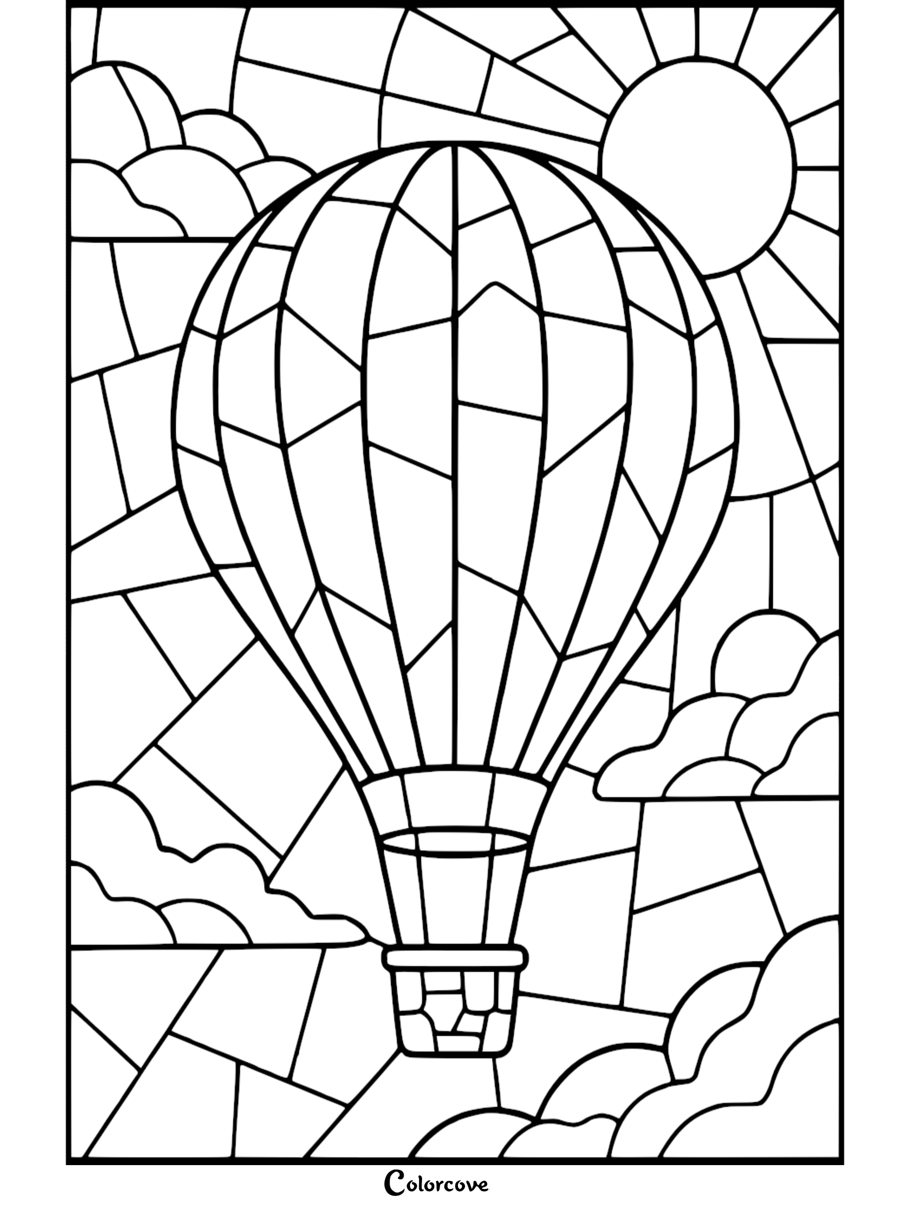 Stained glass style hot air balloon coloring page with geometric patterns, clouds, and a bright sun in the background.