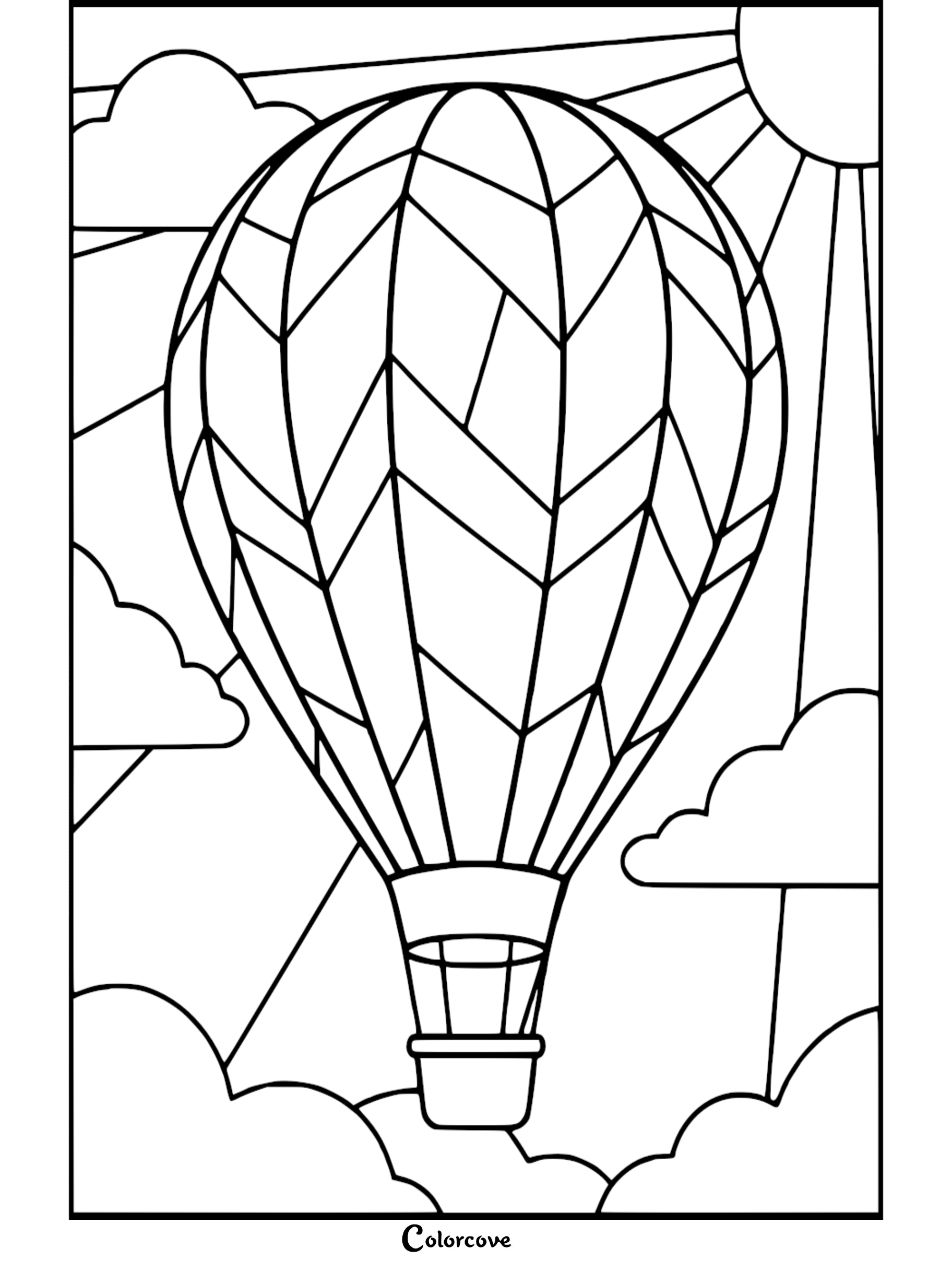 A geometric patterned hot air balloon floating in the sky with clouds and a sun in this printable coloring page.