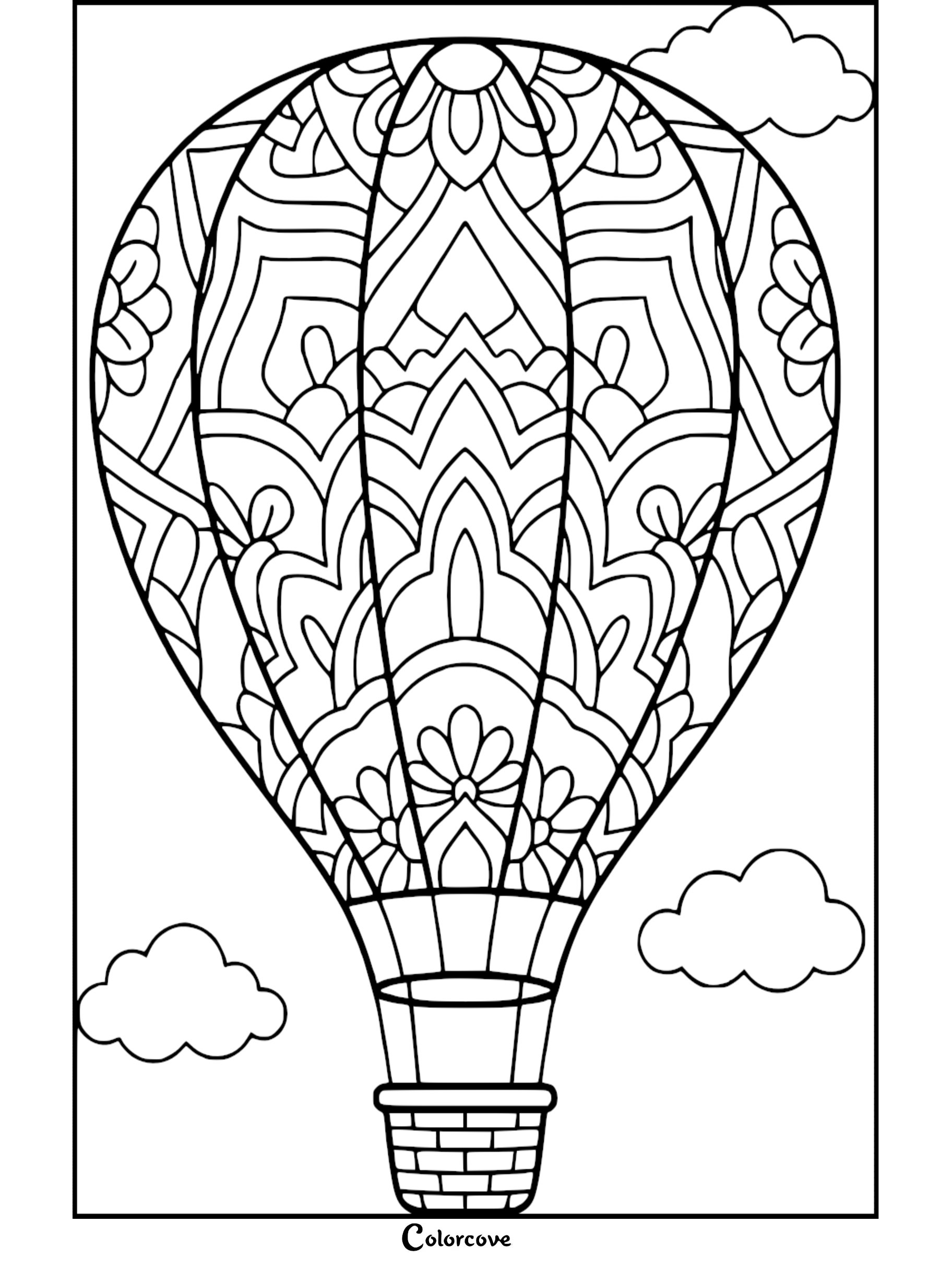 Intricate mandala pattern hot air balloon coloring page floating among fluffy clouds in the sky.