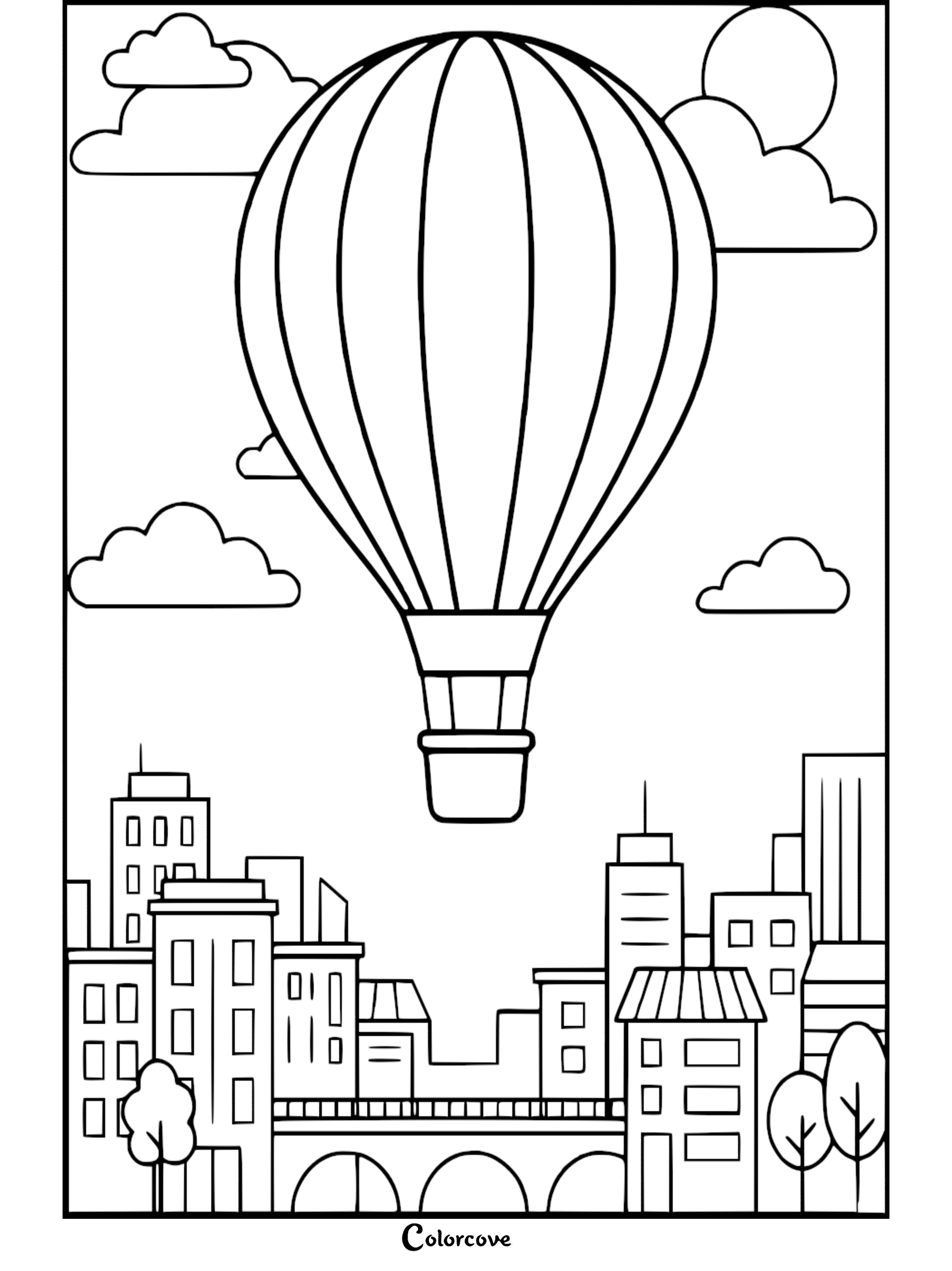 A simple line art coloring page featuring a large hot air balloon floating above a cityscape with buildings, trees, and a bridge under a cloudy sky.