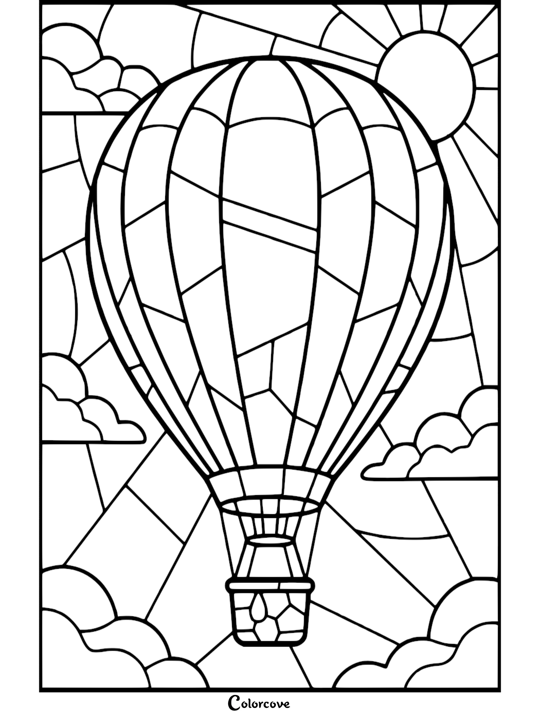 A stained glass style hot air balloon coloring page featuring a segmented balloon, a small basket, fluffy clouds, and a bright sun in the background.