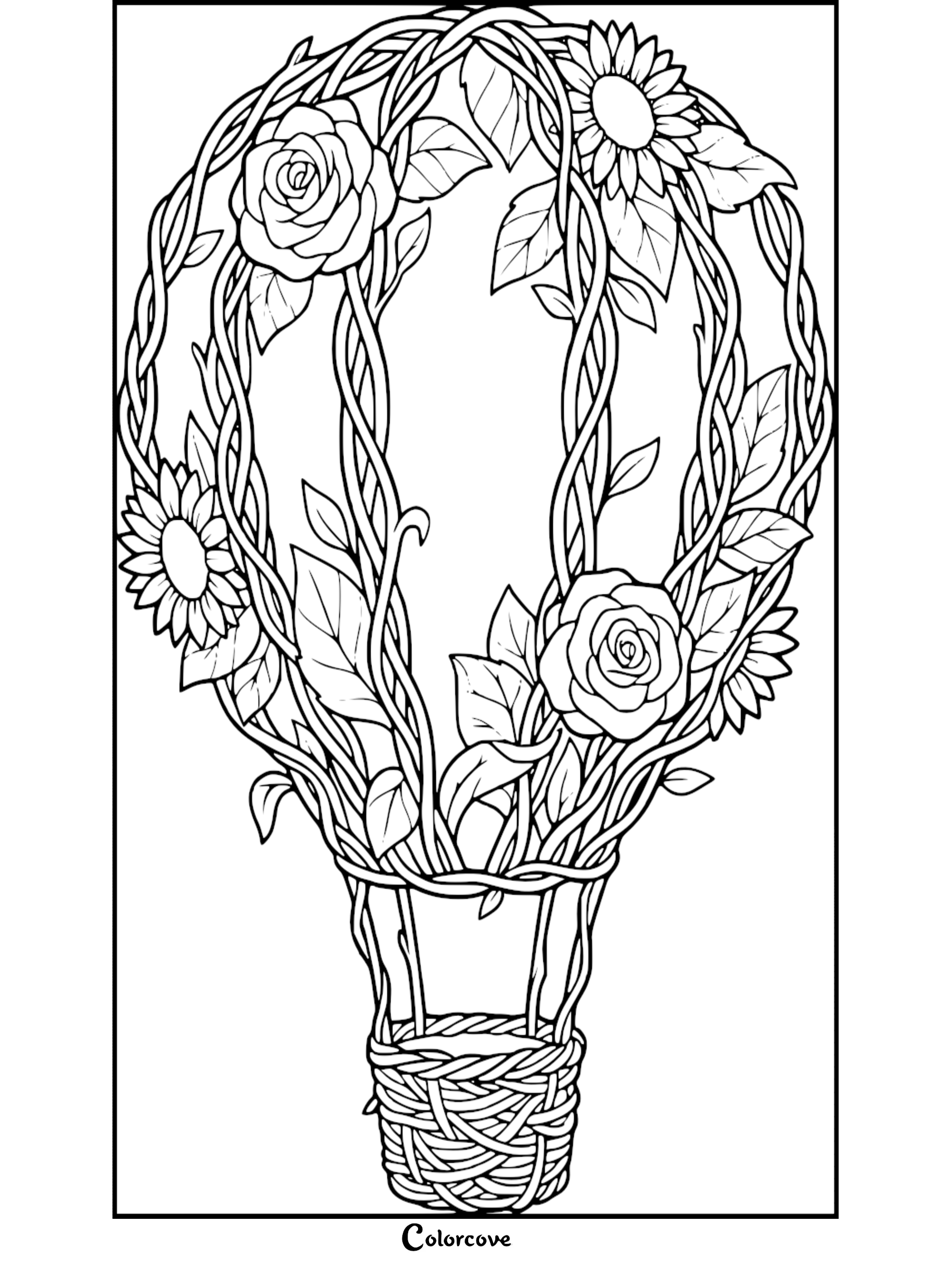 A detailed coloring page featuring a hot air balloon made of intertwined vines, roses, and sunflowers with a woven basket.