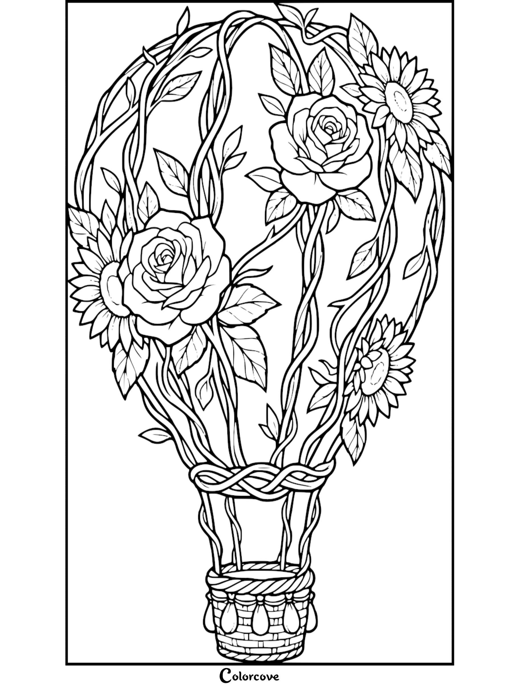 A detailed coloring page featuring a hot air balloon constructed from intertwined vines, blooming roses, and large sunflowers.