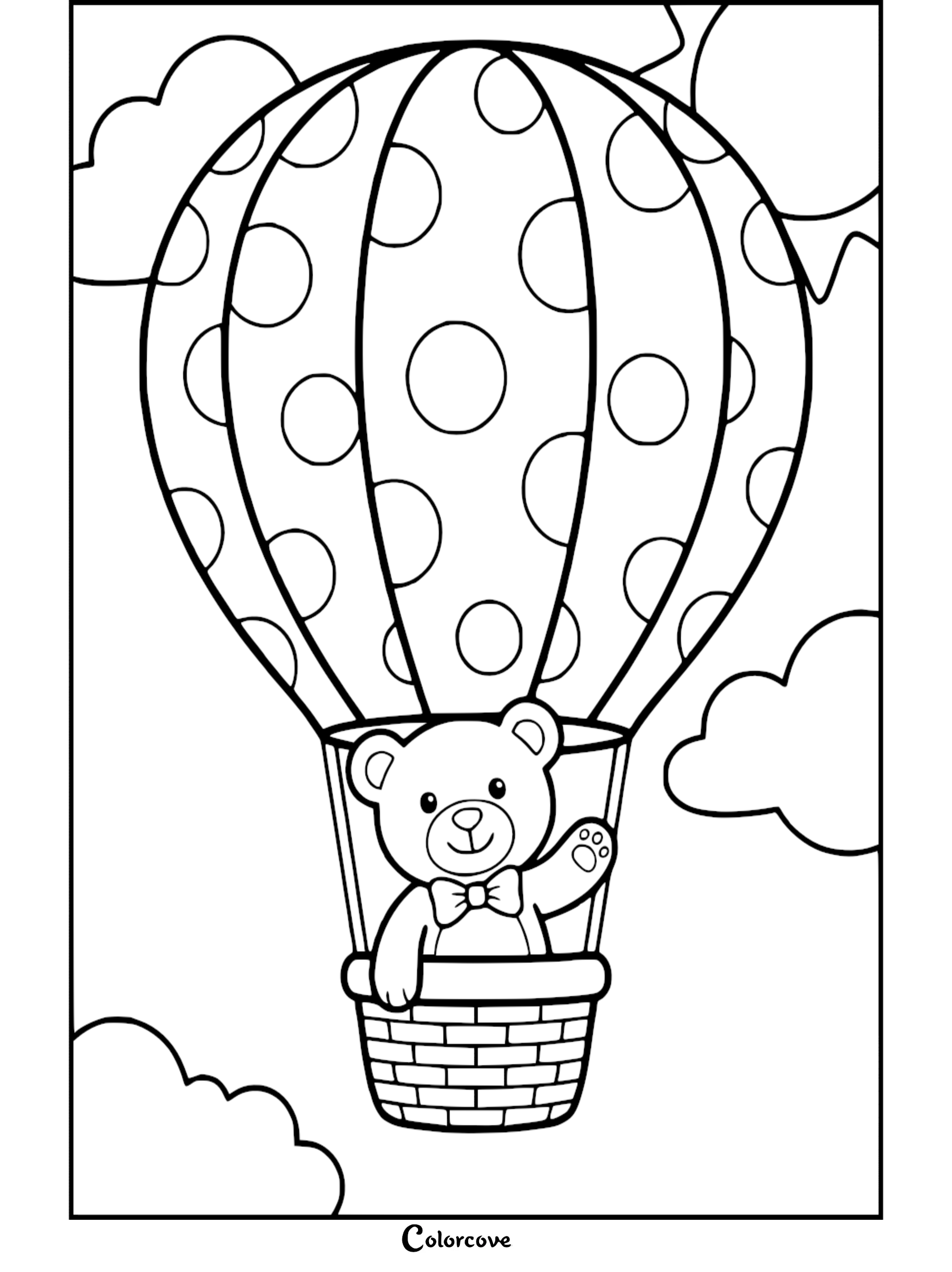 A cute teddy bear wearing a bow tie waving from a polka dot hot air balloon in this printable coloring page.