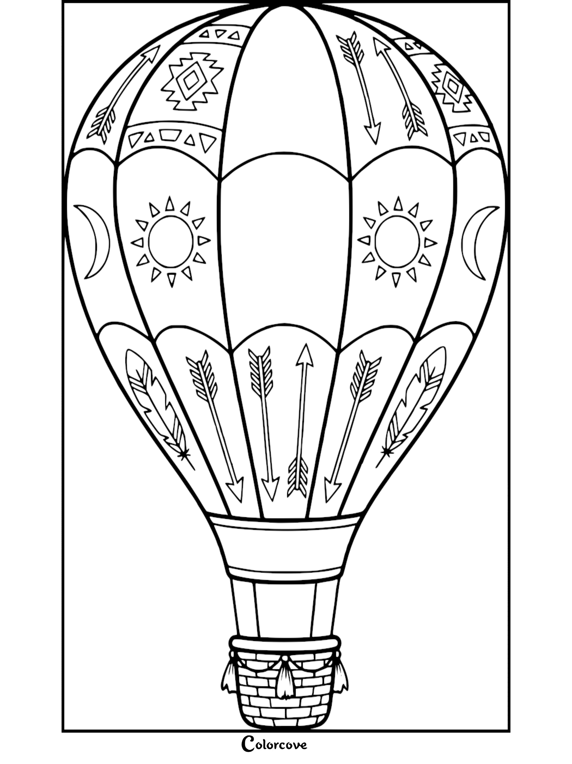 A printable coloring page featuring a hot air balloon decorated with tribal arrows, suns, moons, and geometric patterns.