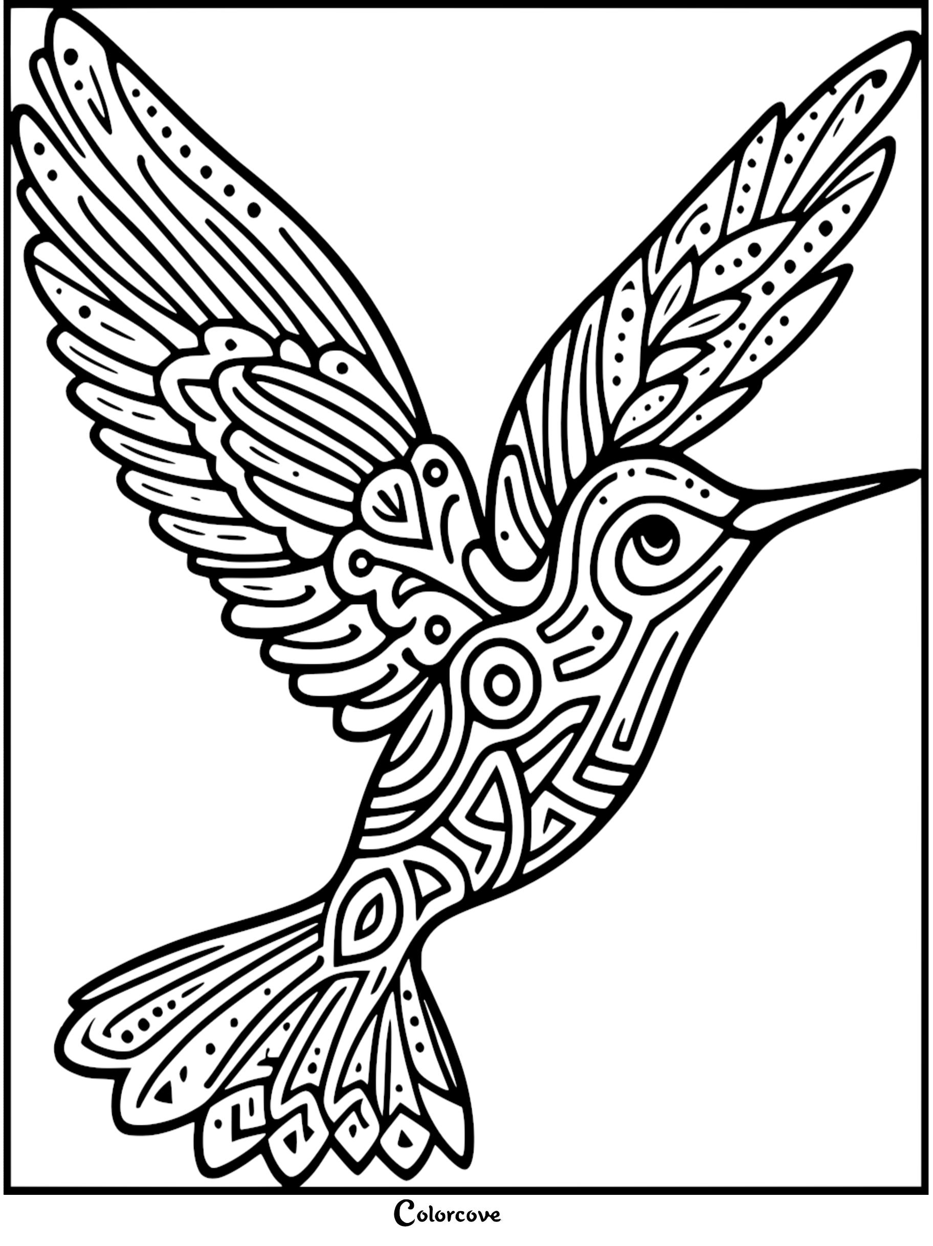 A detailed hummingbird coloring page with intricate mandala and zentangle patterns on its wings and body for adults and kids.