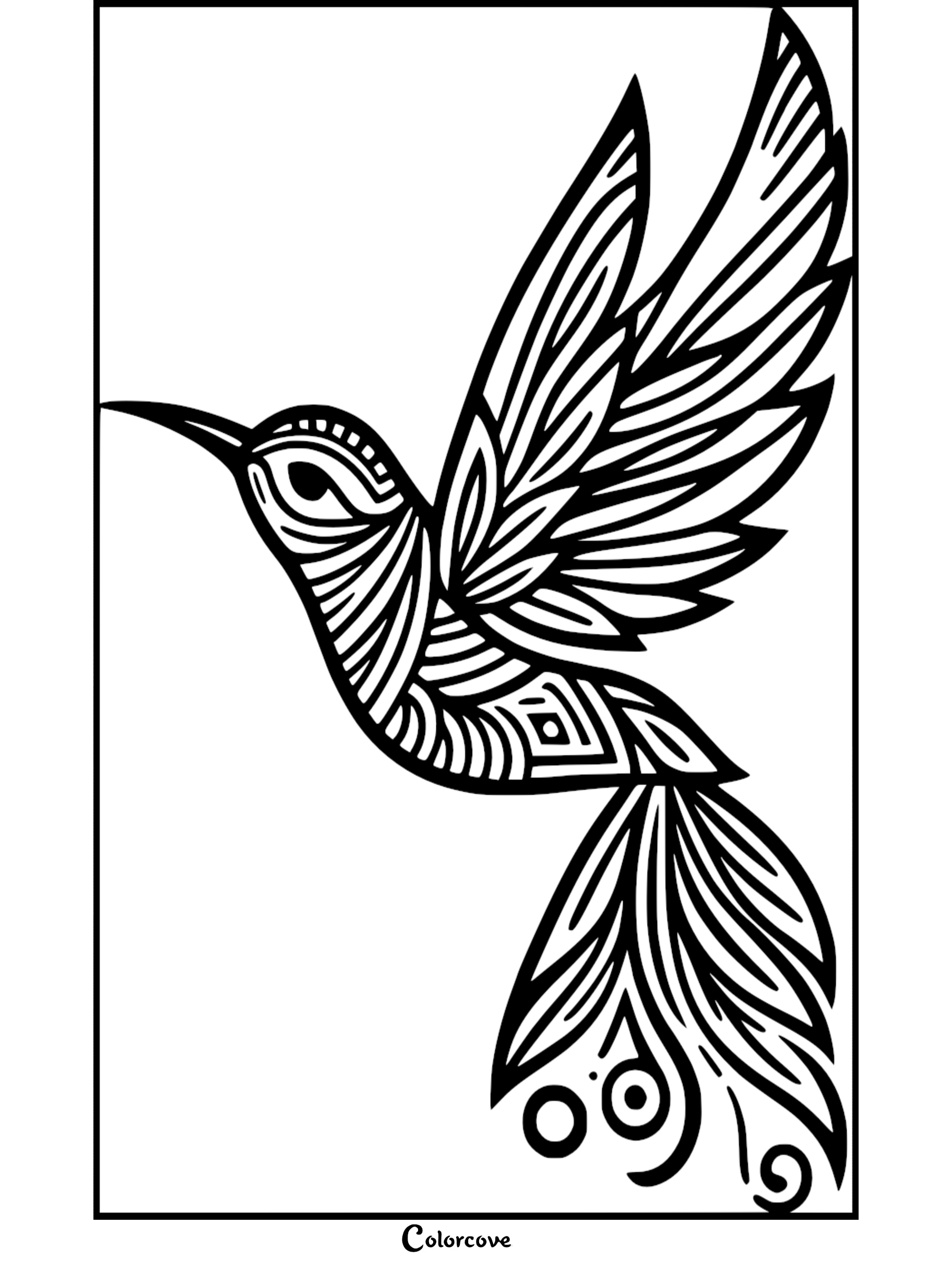 A beautiful and intricate hummingbird coloring page for kids and adults featuring detailed line art patterns.
