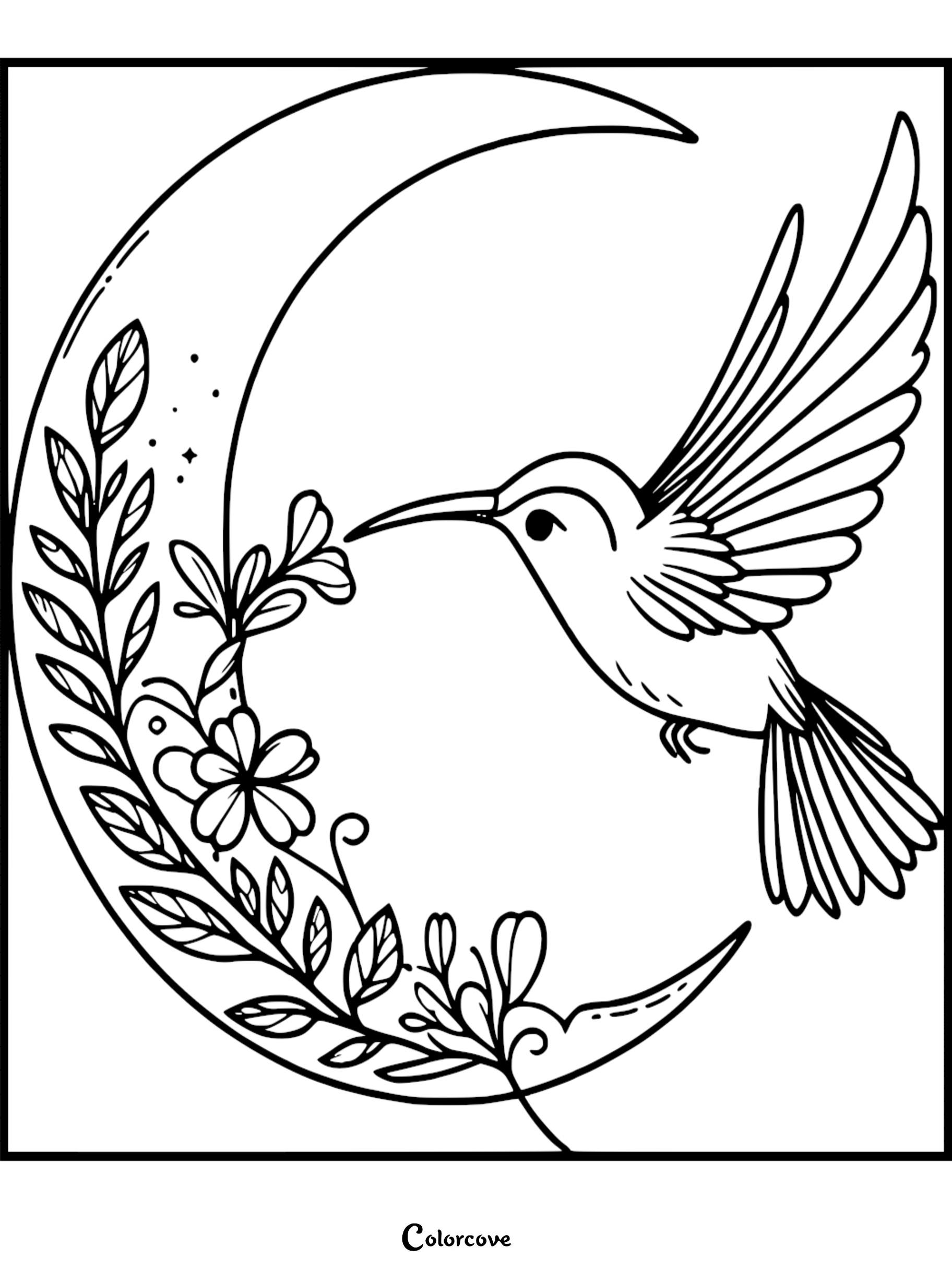 A beautiful hummingbird flying towards a crescent moon decorated with flowers and leaves, perfect for free printable nature coloring pages.