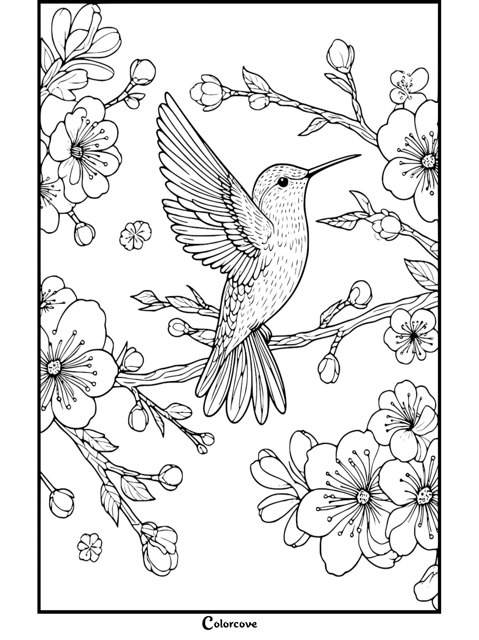 A detailed hummingbird coloring page for adults and kids featuring a bird flying near cherry blossom flowers and branches.
