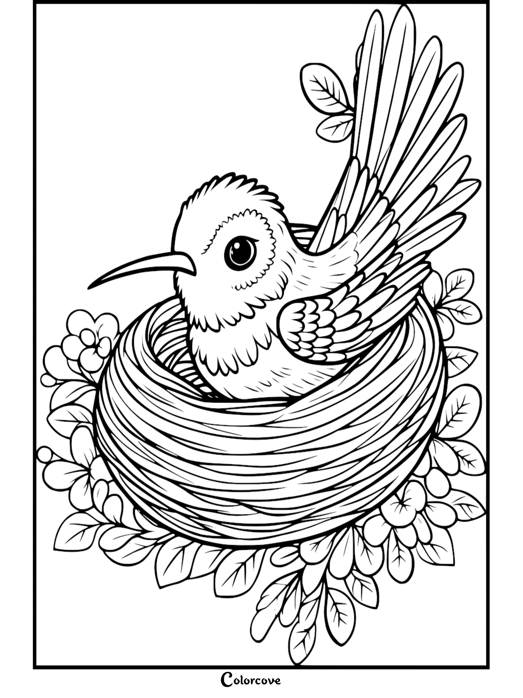 A cute little bird sitting in a cozy nest surrounded by blooming flowers and leaves coloring page for kids.