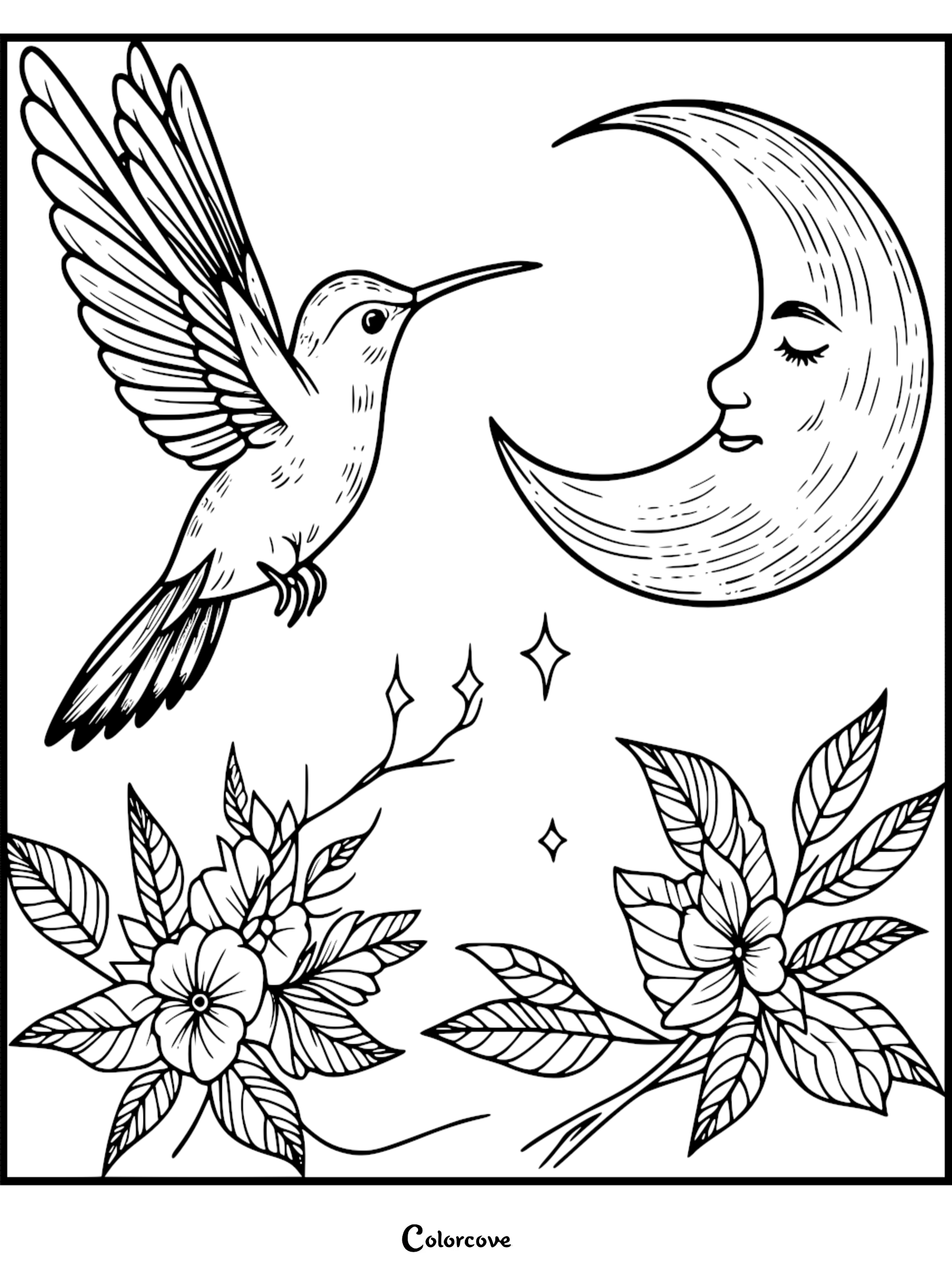 A detailed line art coloring page featuring a hummingbird in flight next to a sleeping crescent moon with flowers and stars.