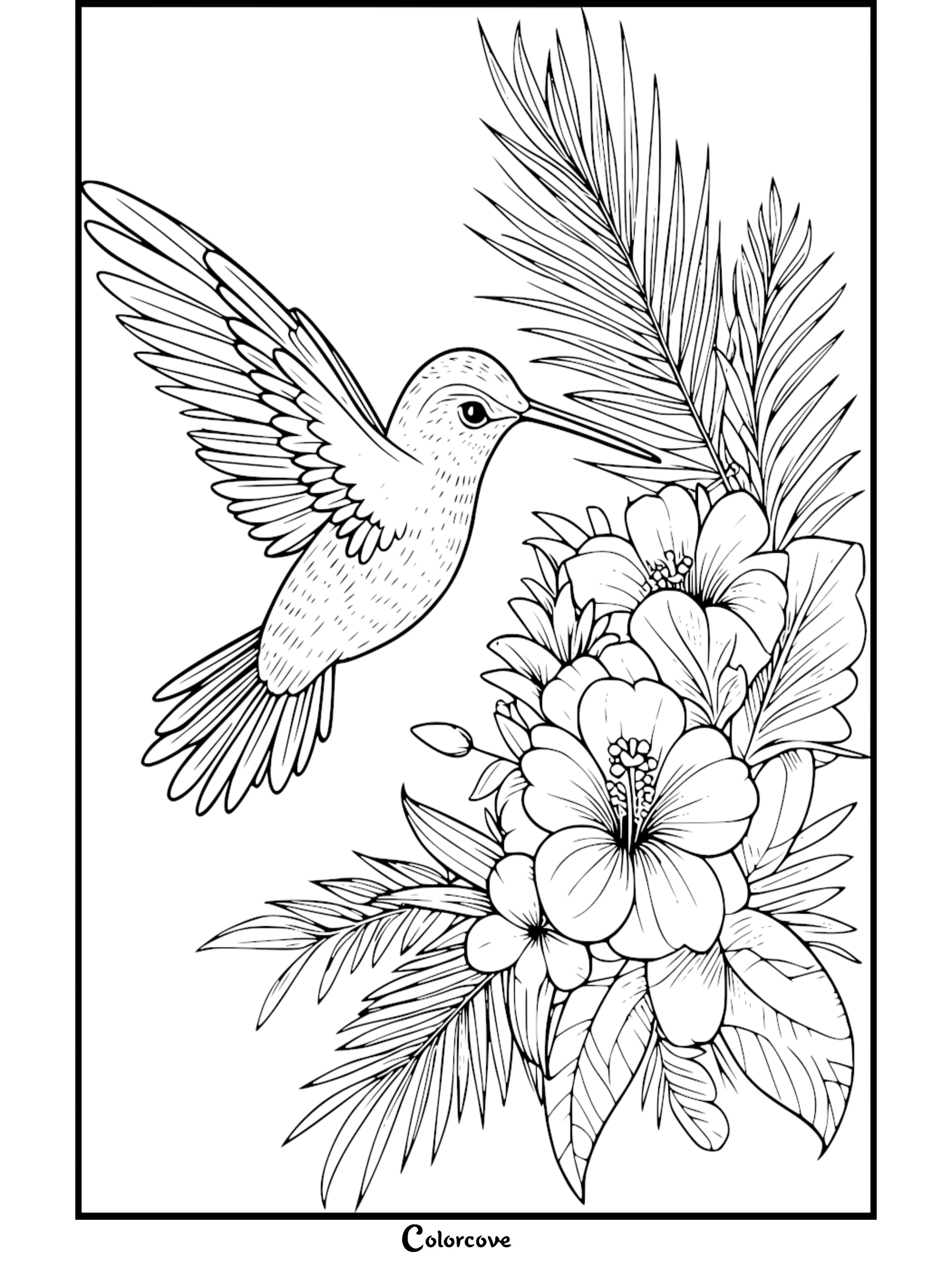 A detailed black and white coloring page featuring a hummingbird hovering near hibiscus flowers and tropical palm leaves.