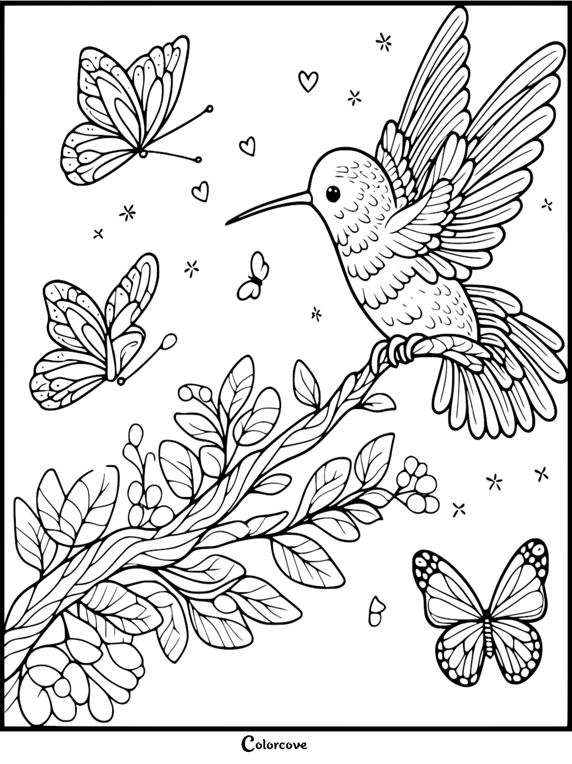 A beautiful hummingbird perched on a leafy branch surrounded by flying butterflies, hearts, and stars in a nature-themed coloring page for kids.