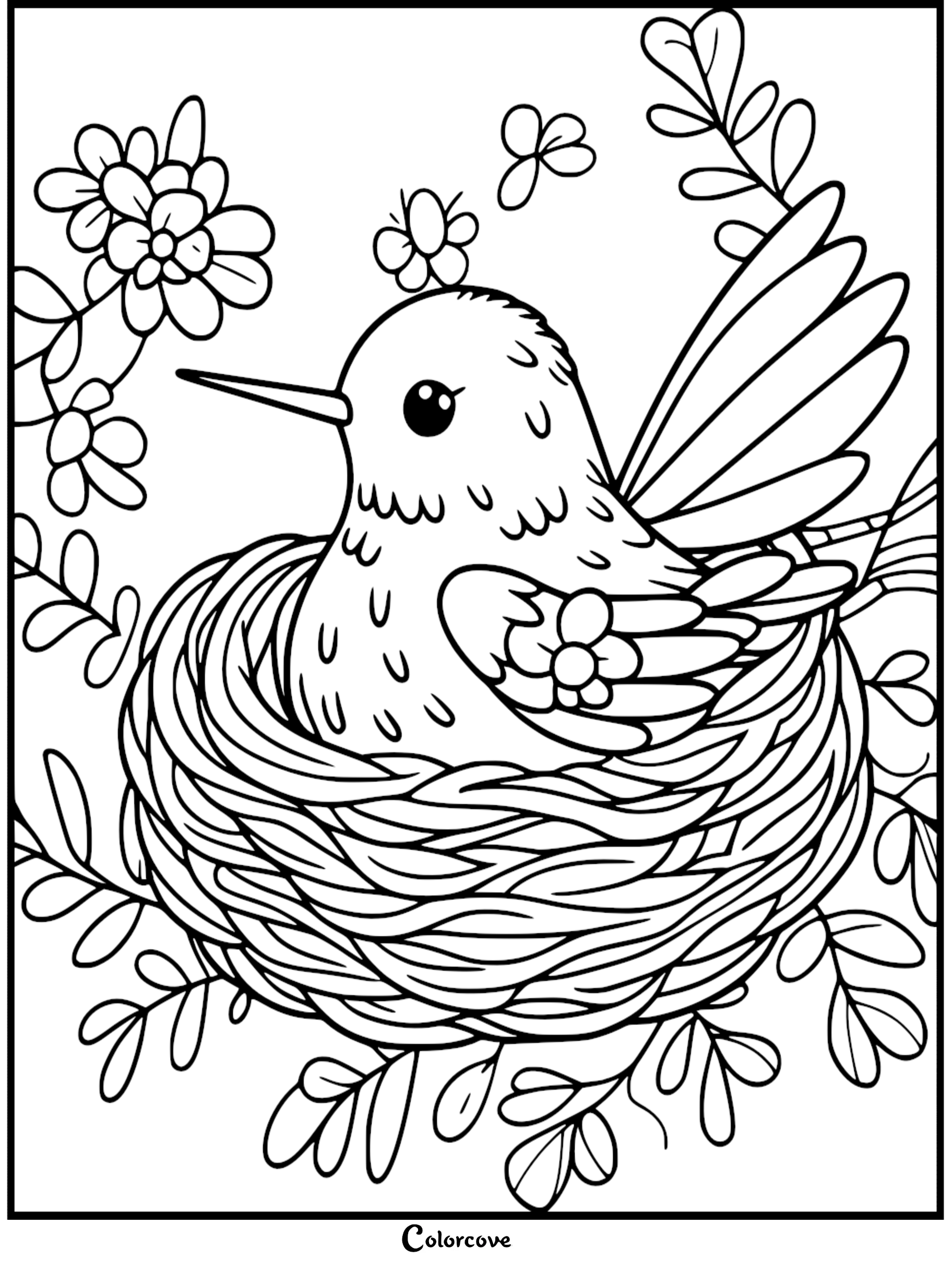 A cute little bird sitting in a cozy woven nest surrounded by spring flowers and leaves, a printable nature coloring page for kids.