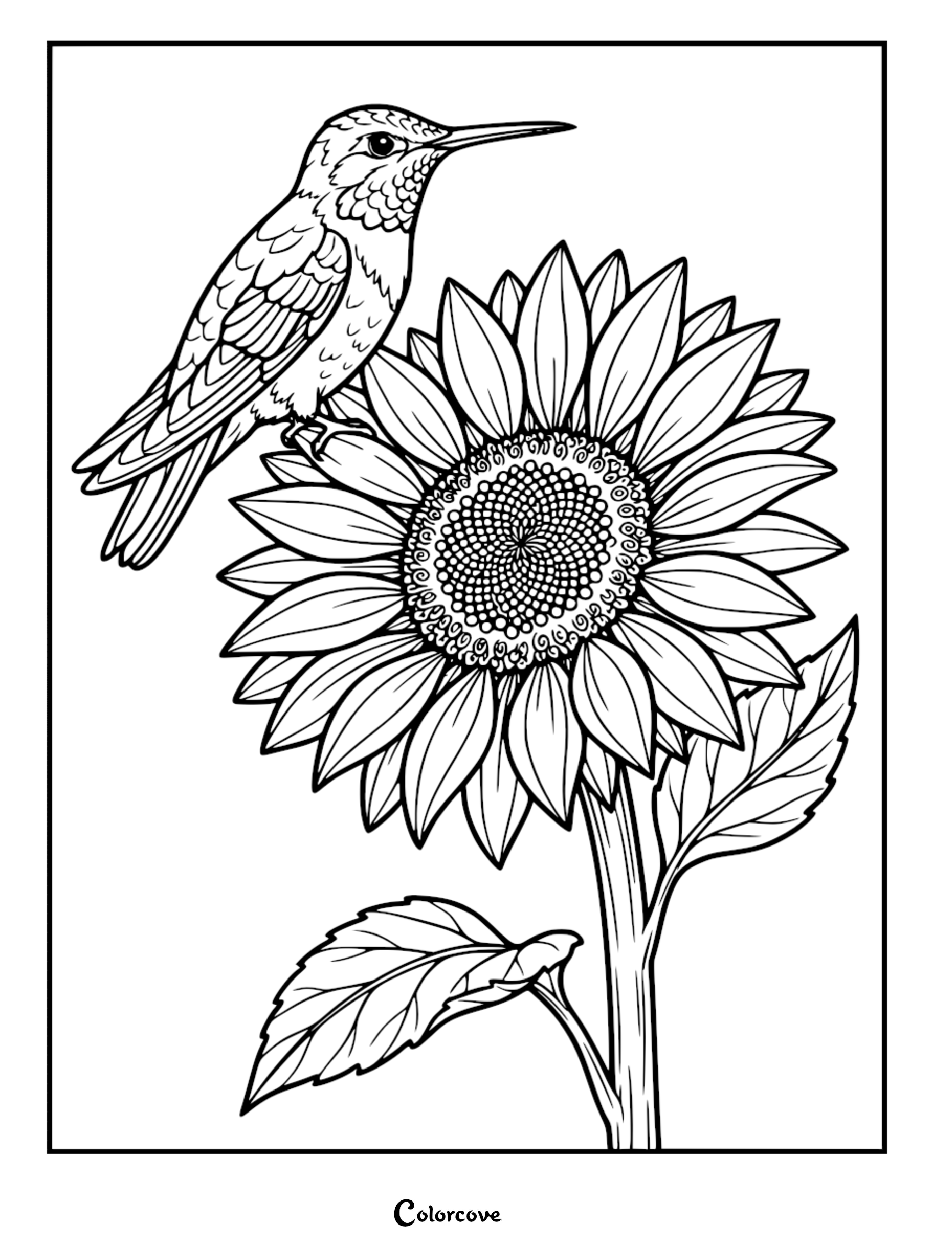 Download and print this beautiful hummingbird and sunflower coloring page, perfect for nature lovers looking for a relaxing creative activity. This free printable features intricate line art that brings the garden to life.