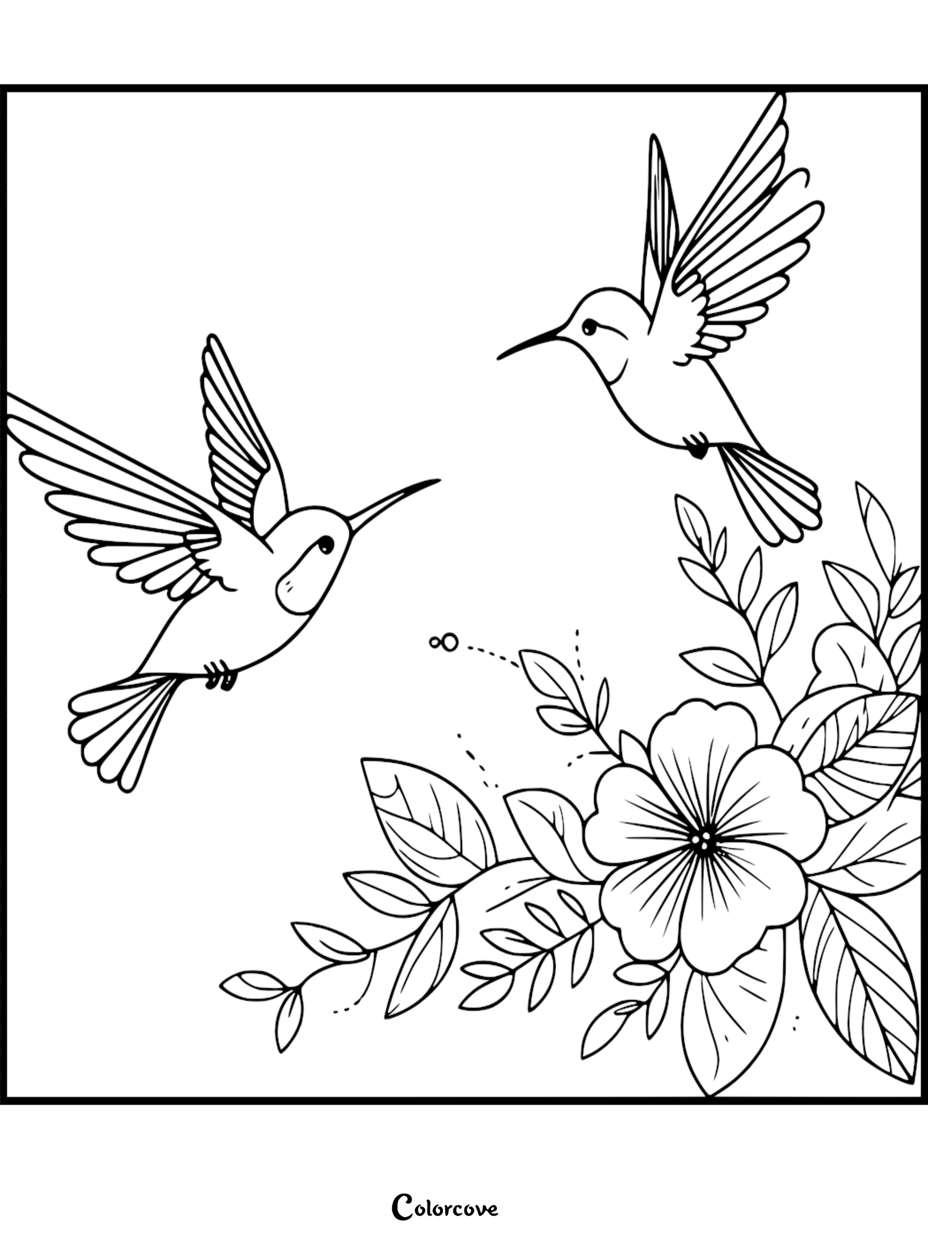 A beautiful nature-themed coloring page featuring two hummingbirds flying near a blooming flower with leaves, perfect for kids and adults.