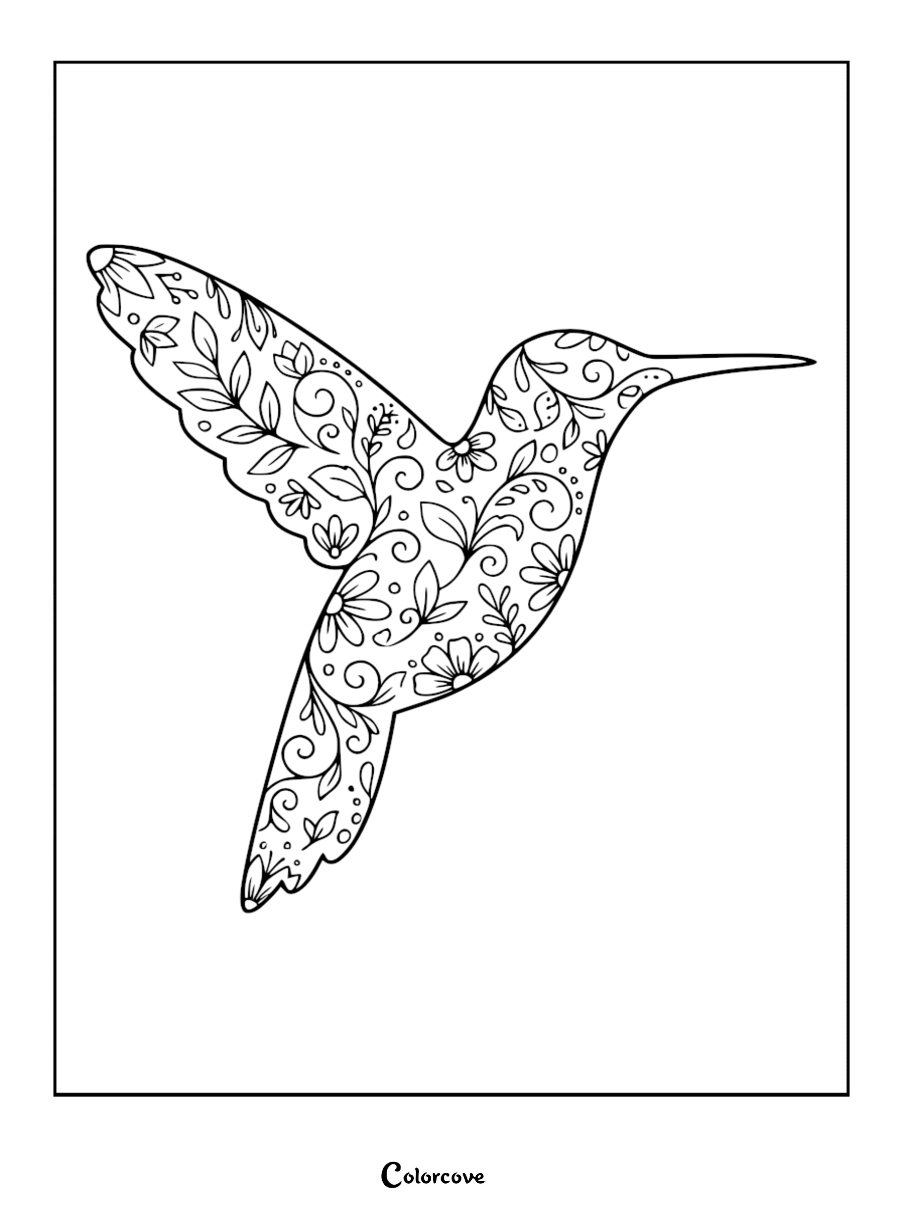 Download and print this beautiful floral hummingbird coloring page, perfect for anyone who loves nature and detailed zentangle art. This intricate design offers a relaxing creative activity for bird enthusiasts of all ages.