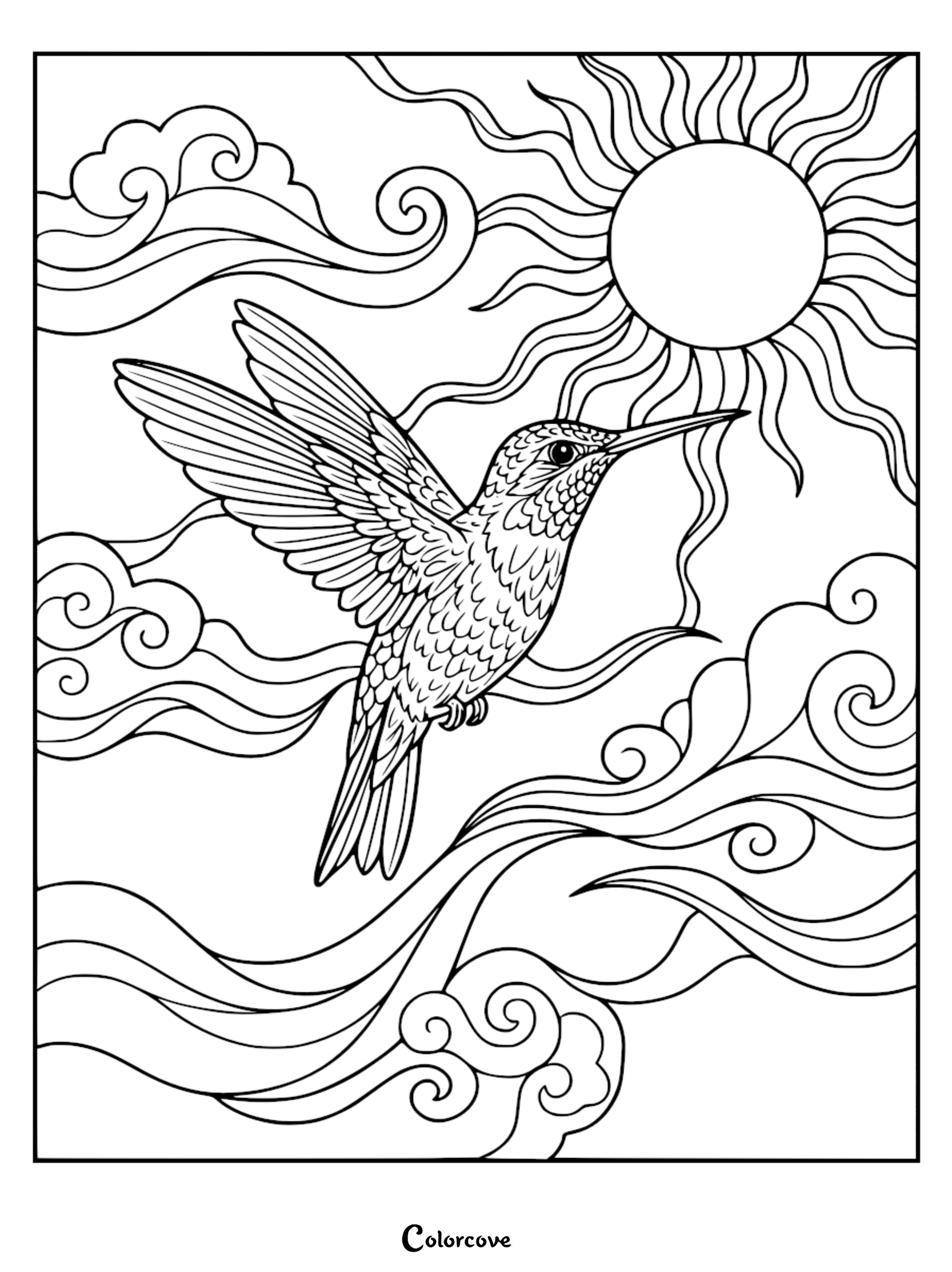 Download and print this free hummingbird coloring page featuring a graceful bird soaring through a sunny sky. This intricate design is perfect for children and adults looking for a relaxing and creative activity.