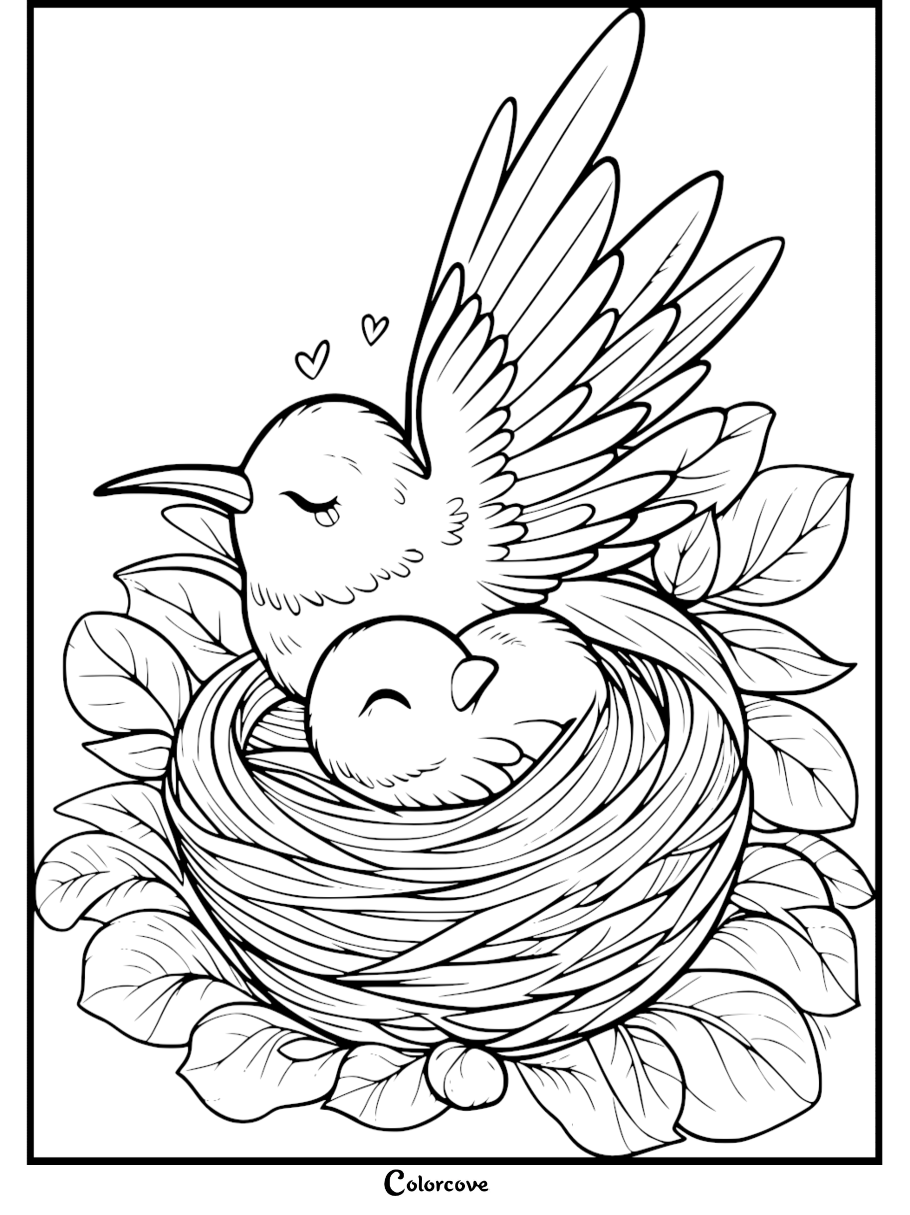 A heartwarming coloring page of a mother bird watching over her baby in a cozy nest surrounded by leaves.