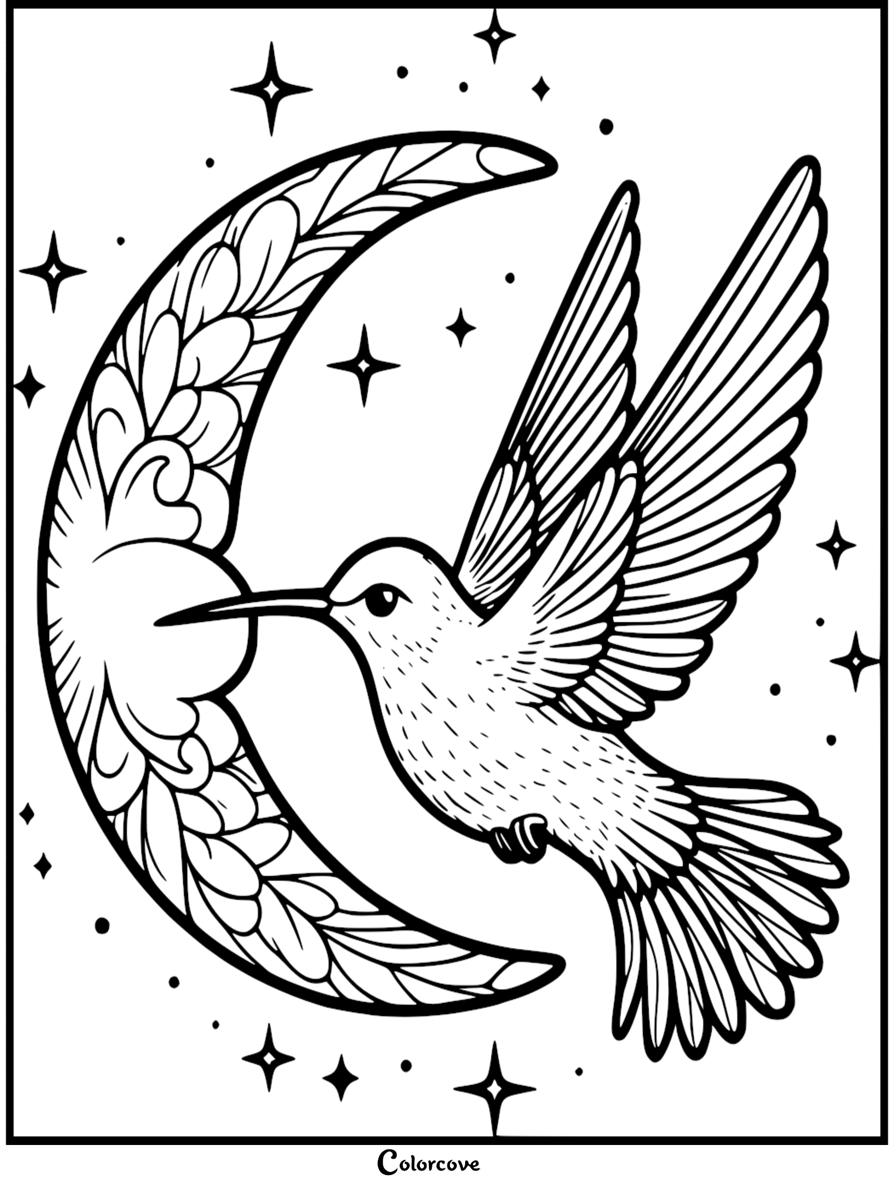A beautiful line art coloring page of a hummingbird flying beside a floral patterned crescent moon surrounded by twinkling stars.
