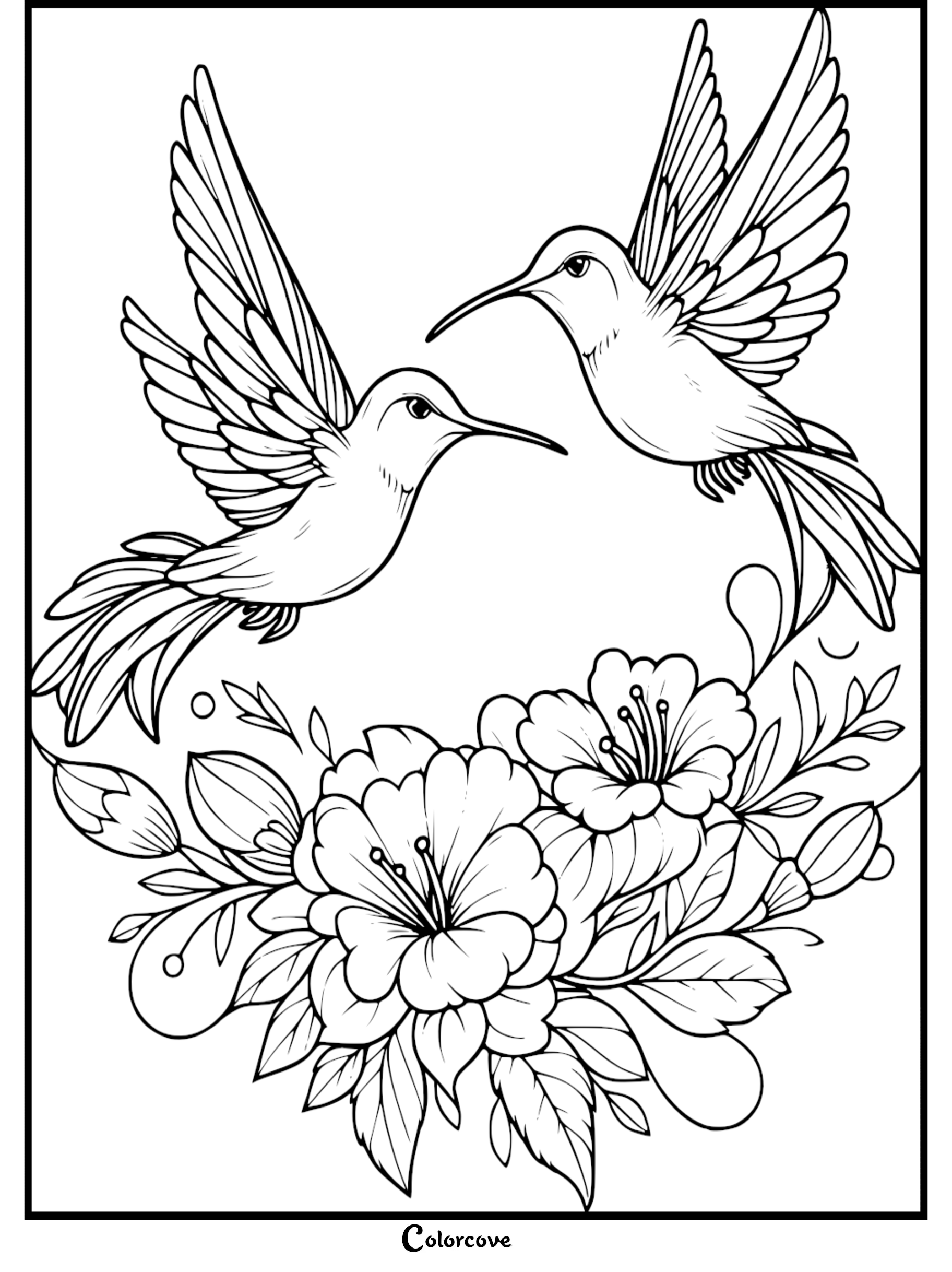 Detailed coloring page featuring two hummingbirds hovering over a beautiful cluster of flowers for kids and adults.