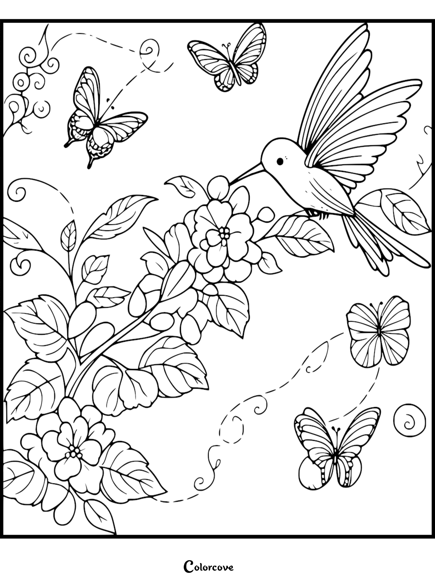 A beautiful hummingbird feeding on flowers surrounded by butterflies in a detailed nature coloring page for kids and adults.