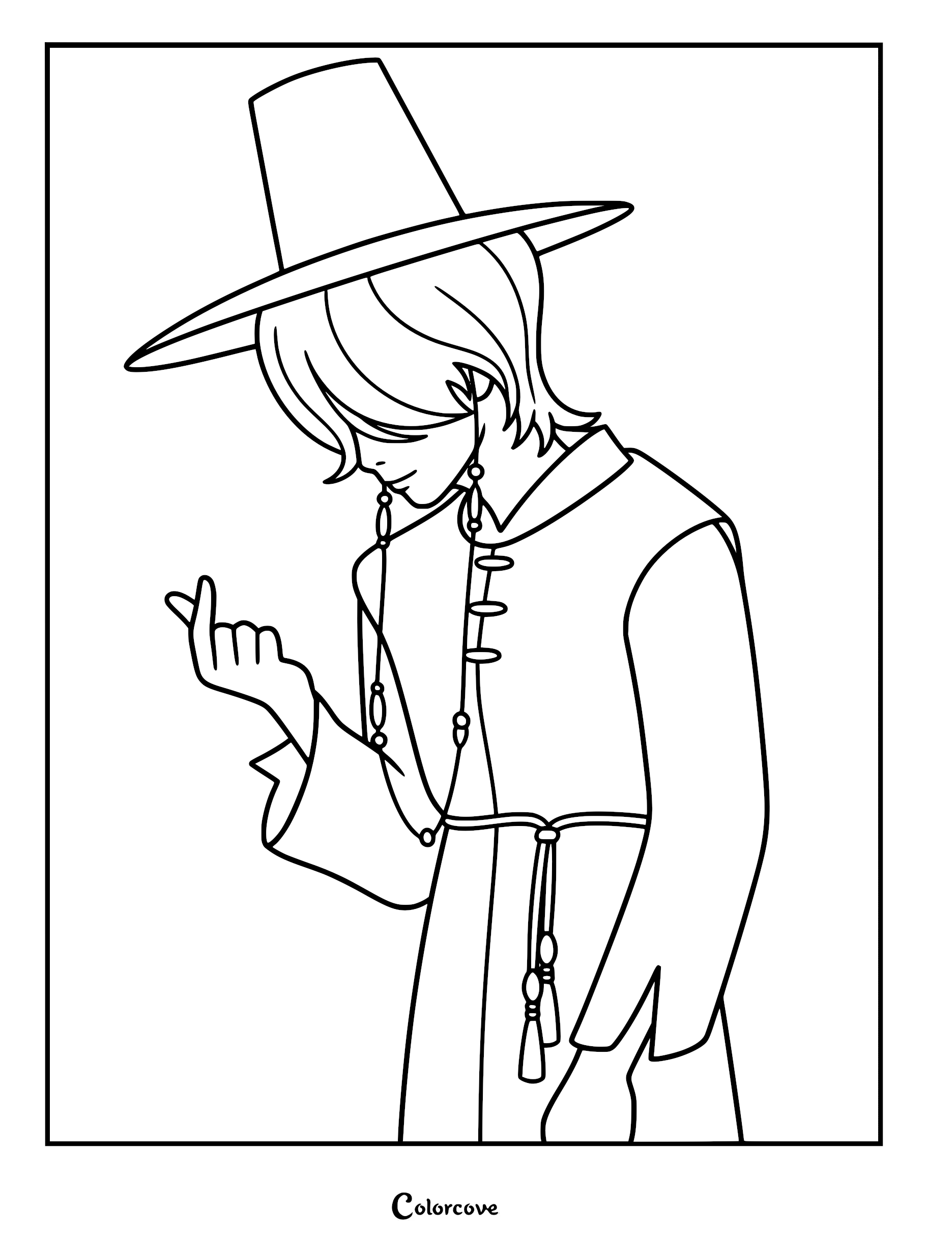 A printable coloring page of Jinu from Kpop Demon Hunters wearing a traditional Korean gat hat and making a finger heart gesture.