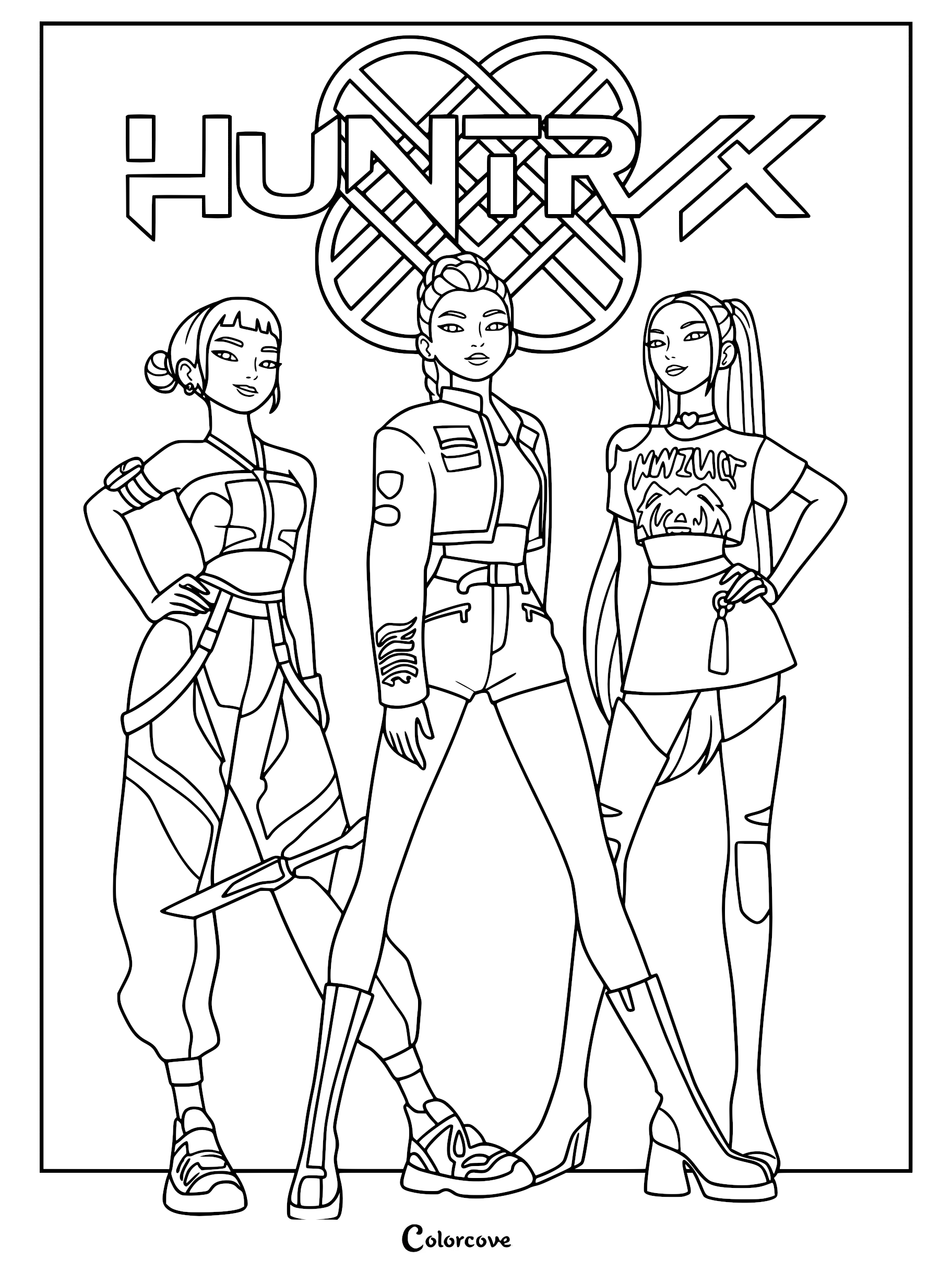 K-pop demon hunters Rumi, Mira, and Zoey from the movie KPop Demon Hunters in a stylish pose, designed as a printable coloring page with the Huntrix group logo overhead.