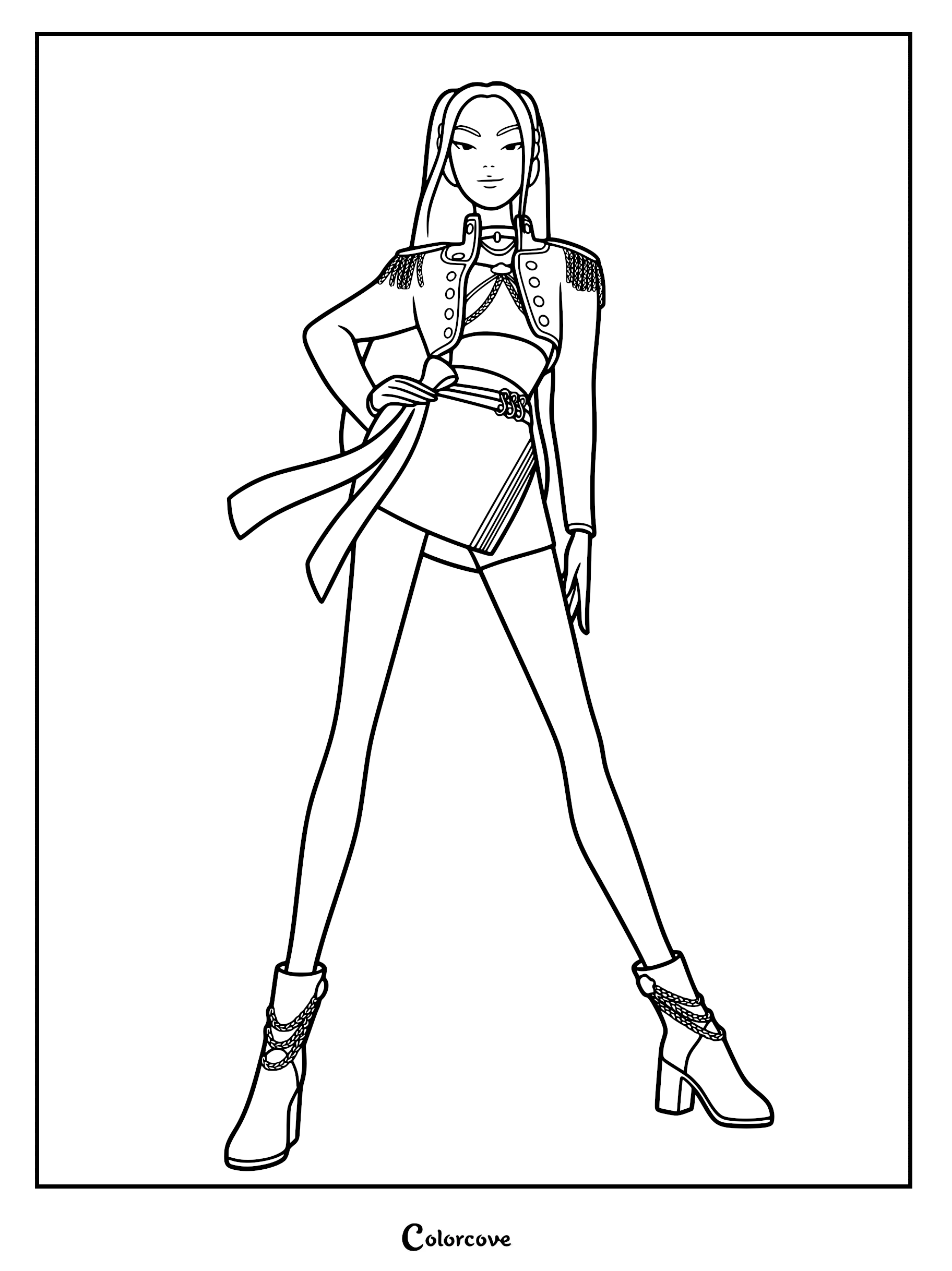 A black and white line art coloring page of Mira from Kpop Demon Hunters, wearing a military-style cropped jacket with epaulets, a pleated skirt, and chained platform boots, standing in a confident pose.