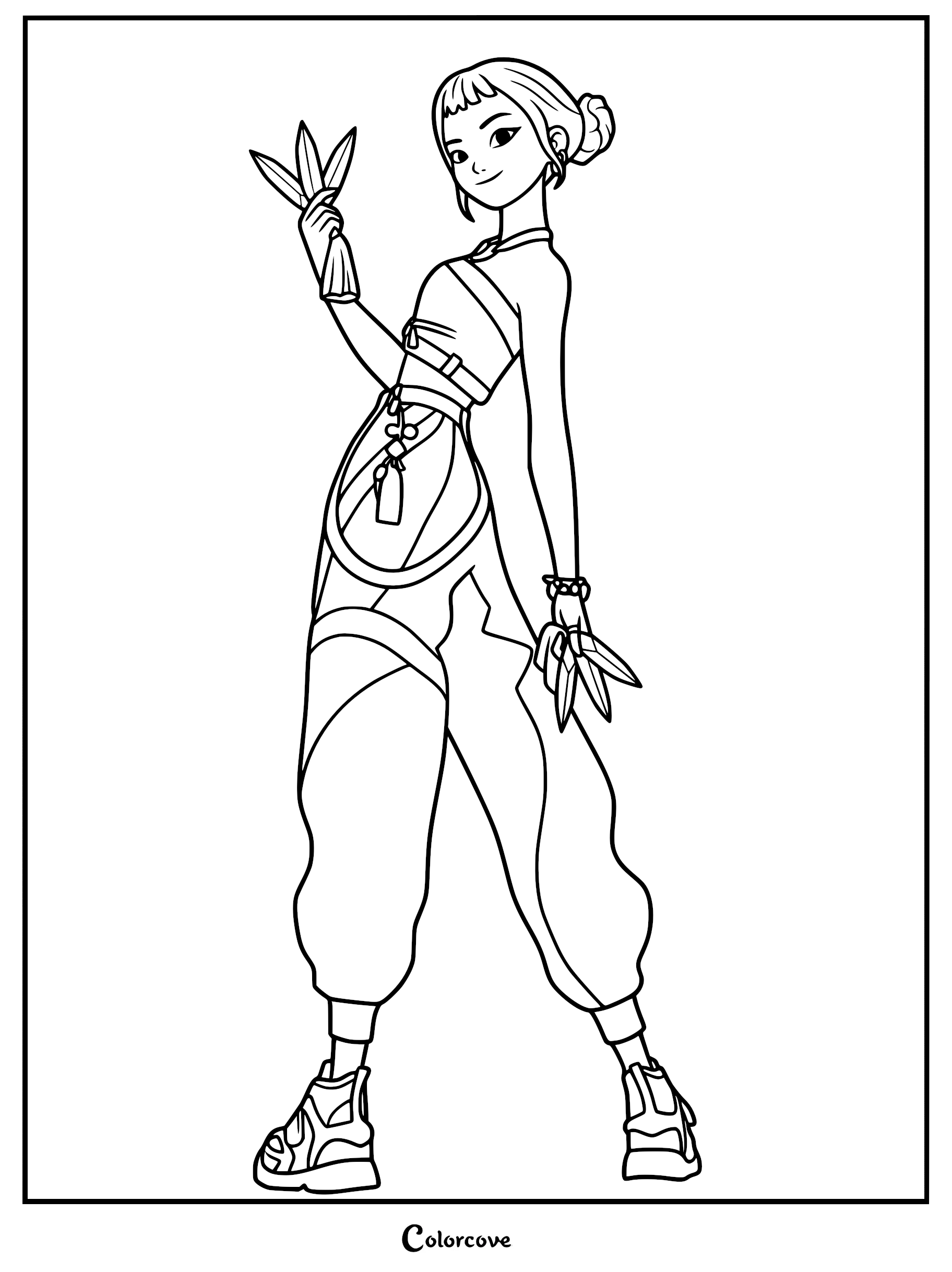A black and white line art coloring page of Zoey from Kpop Demon Hunters, wearing braided space buns and holding her Shinkal spirit blades.